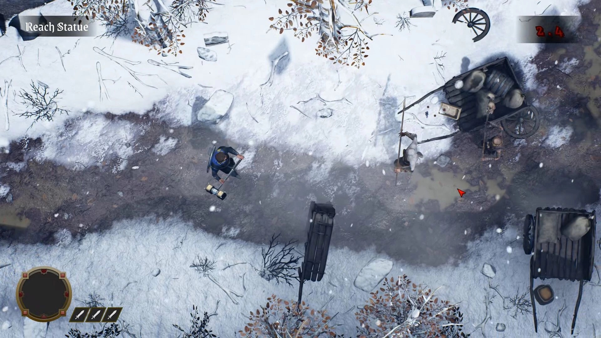 Death Denied: Player faces a spear enemy on a snowy road beside carts, Reach Statue objective visible.