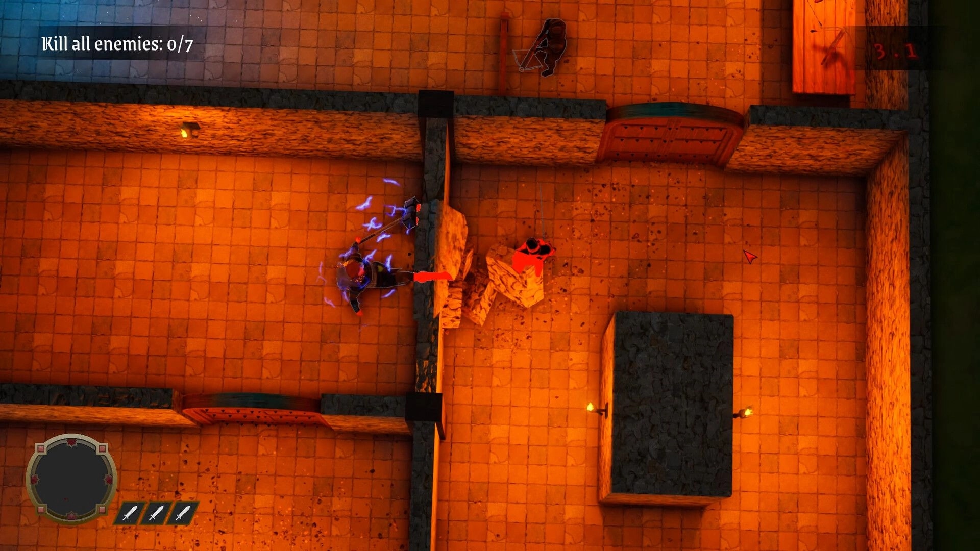 Death Denied: Player smashes through a wall with crackling weapon in torchlit stone corridors, UI 0/7.