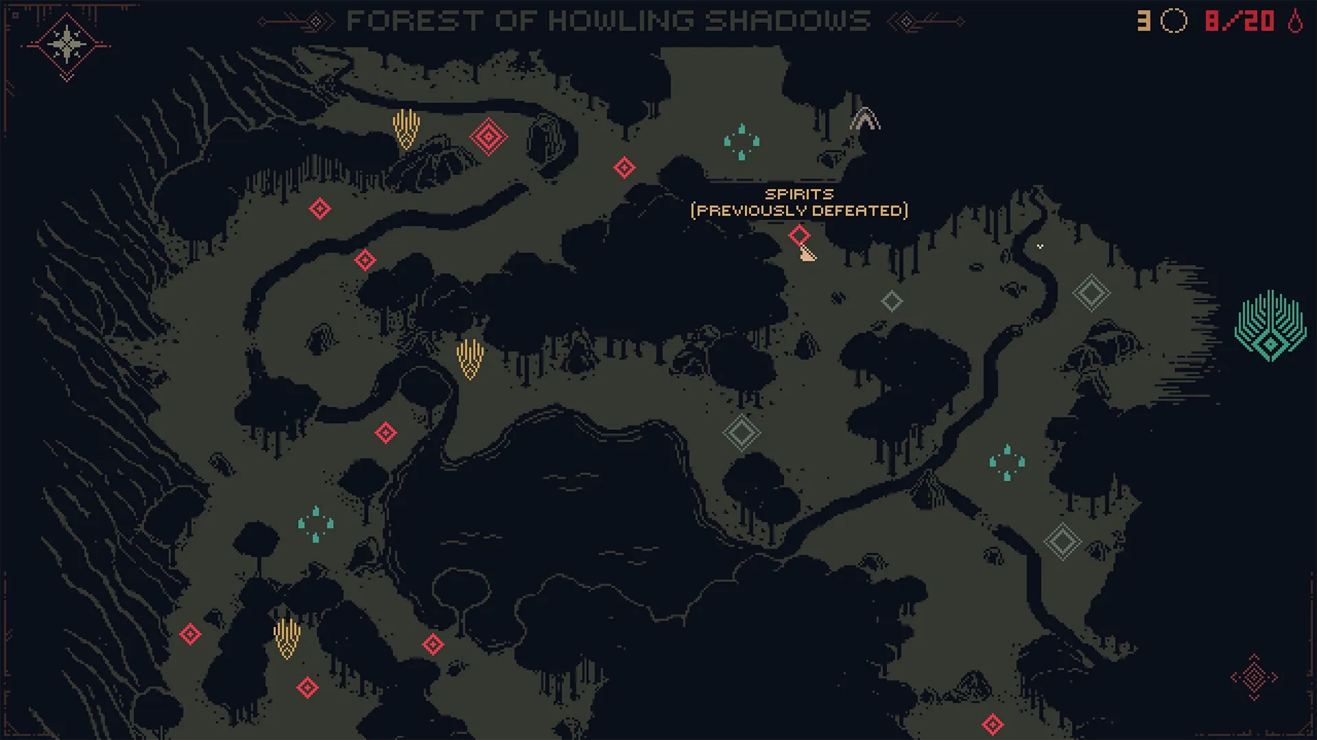 Death Howl: Overworld map of Forest of Howling Shadows showing paths, icons, and defeated spirits
