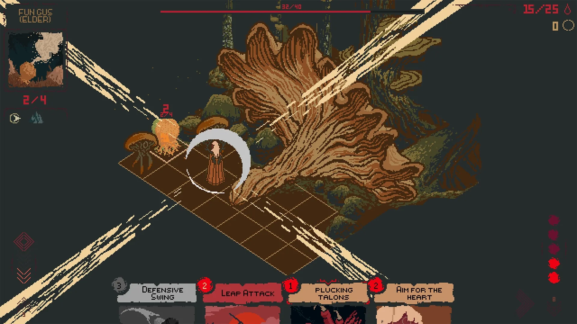 Death Howl: Player attacks Fungus Elder with cards in forest setting, showcasing health and action points.