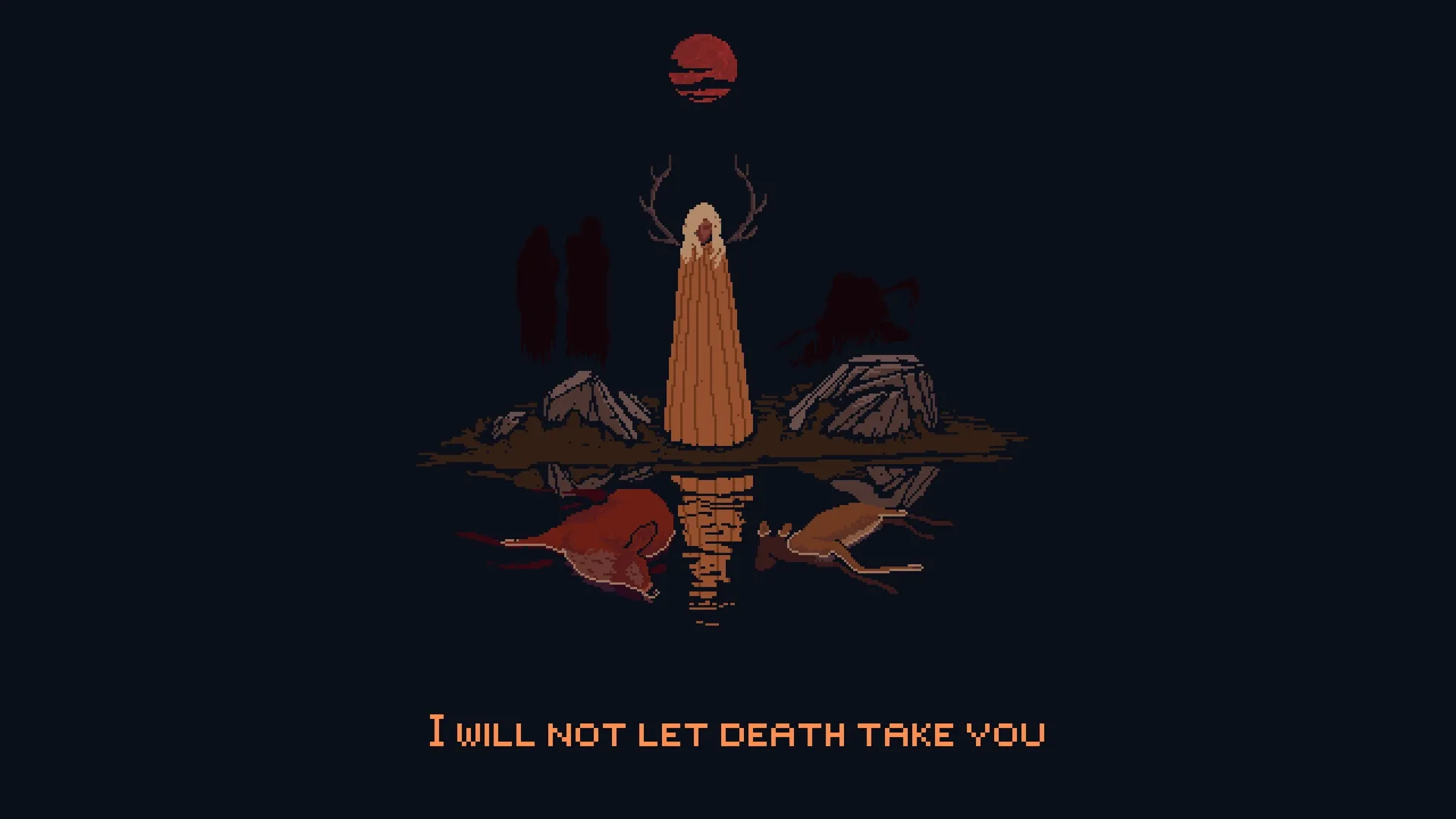 Death Howl: Antlered figure stands by a pond under a red moon, flanked by shadows and rocks.