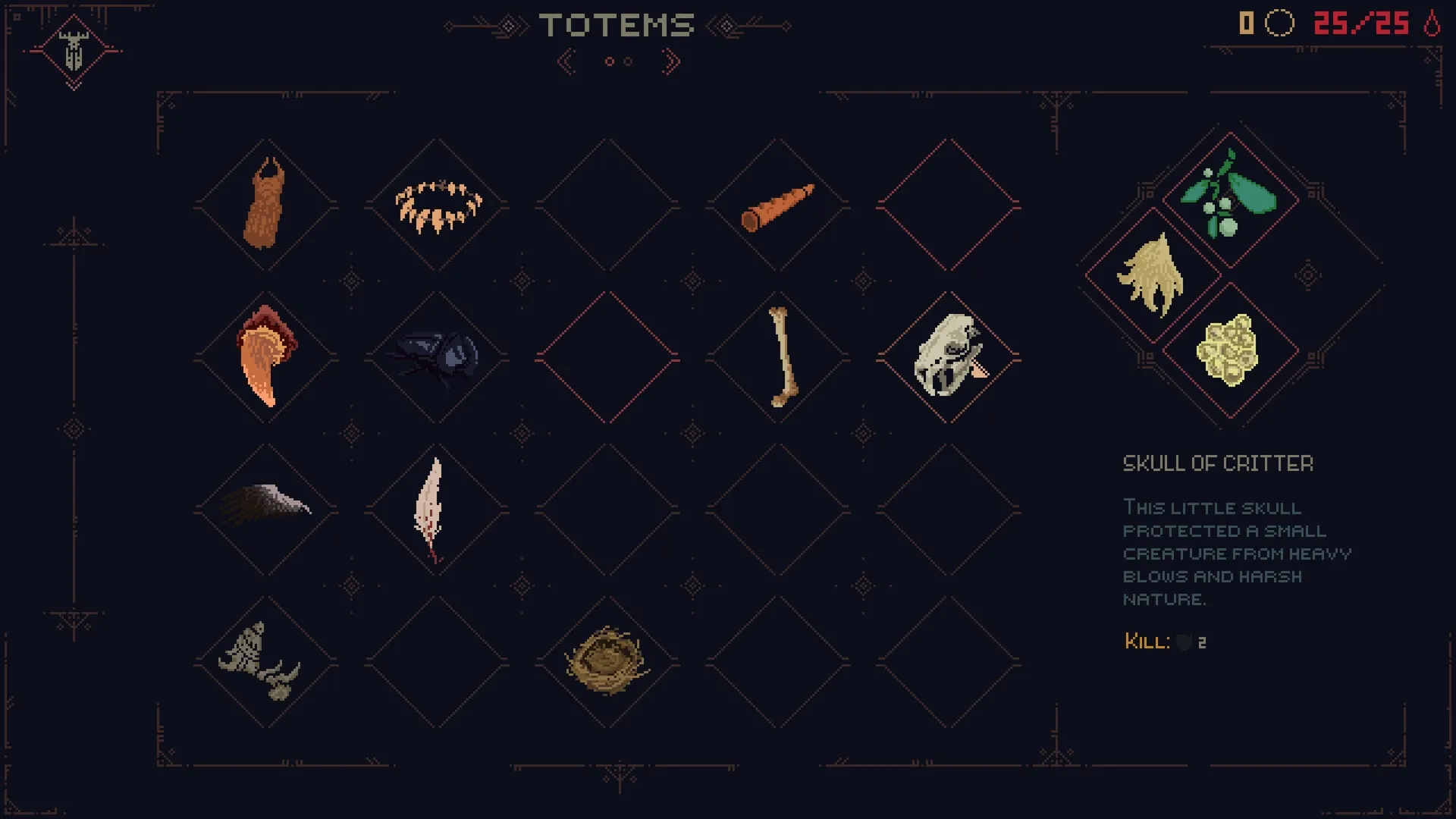 Death Howl: Totem inventory screen displaying various collected totems with detailed descriptions