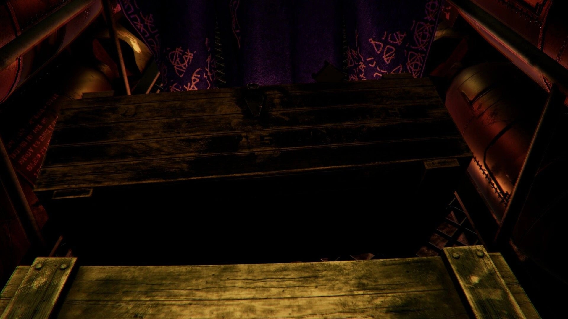 Death In Your Dice: Wooden table with purple draped background adorned with mystical symbols