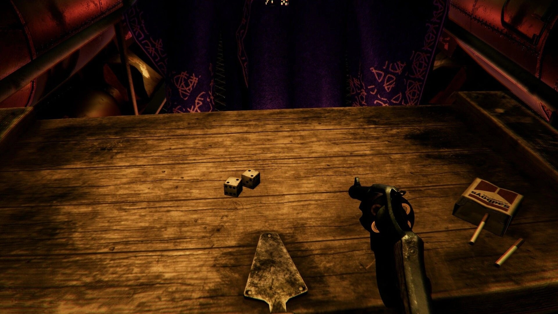 Death In Your Dice: Wooden table with dice, revolver, and matchbox in a dimly lit room with purple drapes