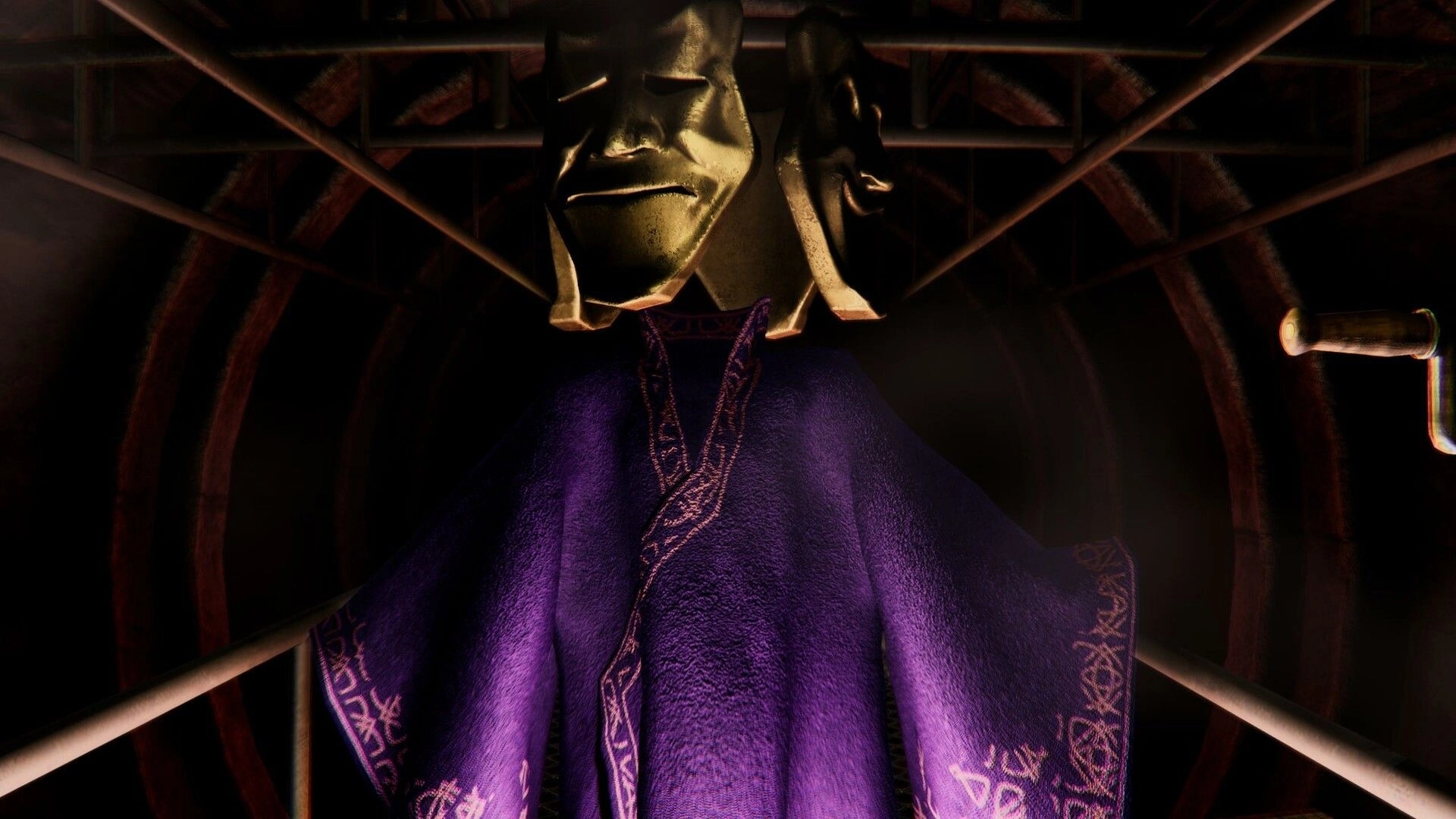 Death In Your Dice: Mysterious masked figure draped in purple robe within dark, shadowy chamber