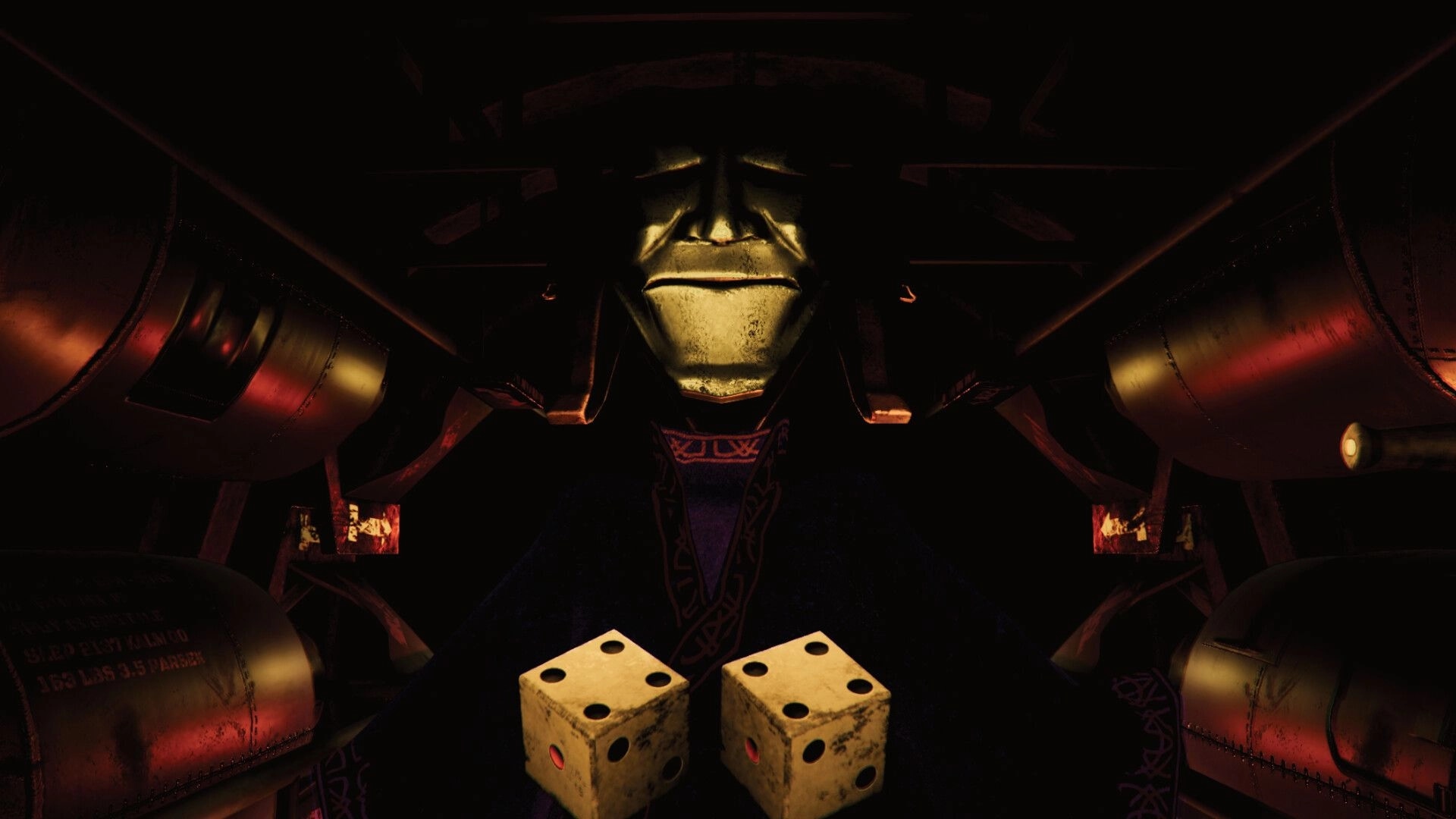 Death In Your Dice: Eerie figure with glowing face behind two dice in a dark, mechanical chamber
