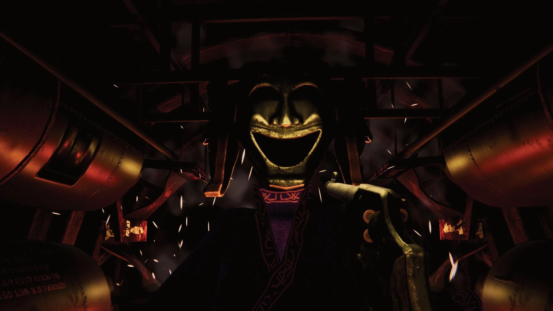 Death In Your Dice: Large grinning mask looms in dimly lit industrial room with sparks flying around.