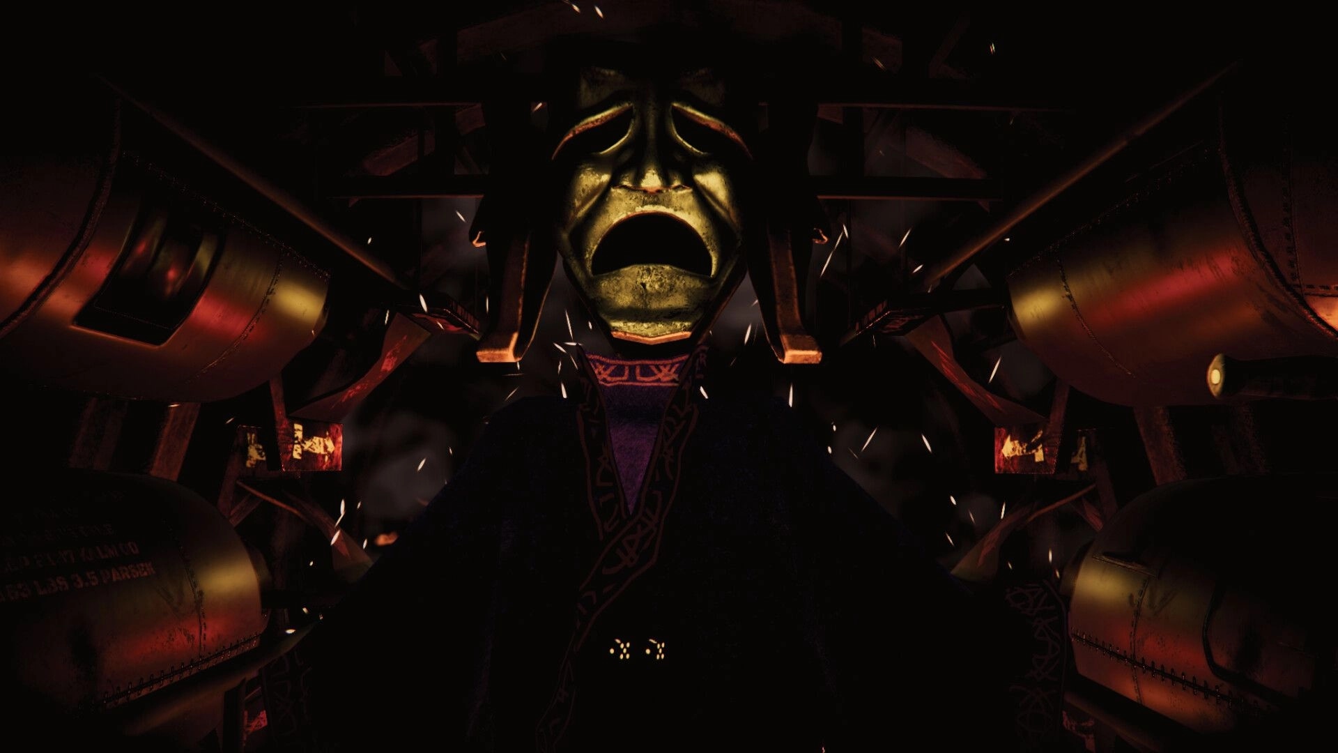 Death In Your Dice: Large ominous mask figure in dark, industrial environment with glowing embers floating