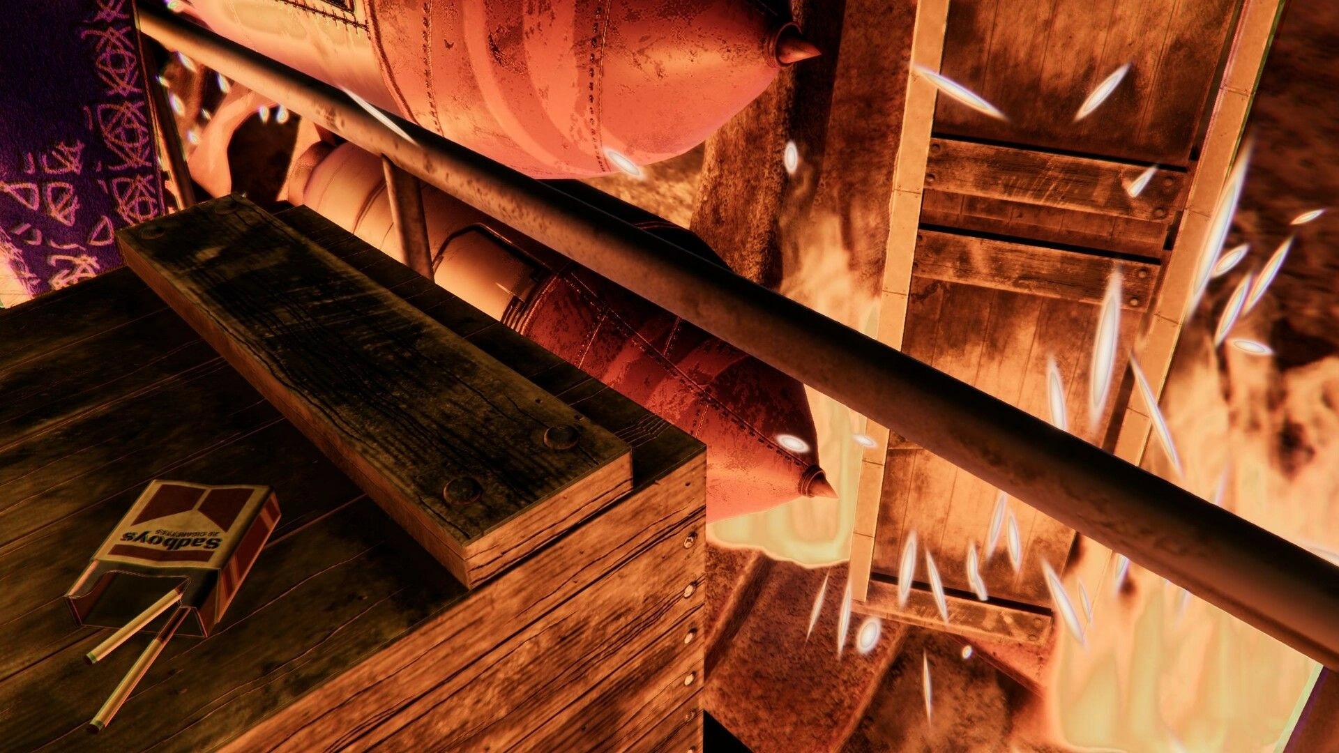 Death In Your Dice: Wooden crate with matchbox in fiery environment with falling debris and sparks