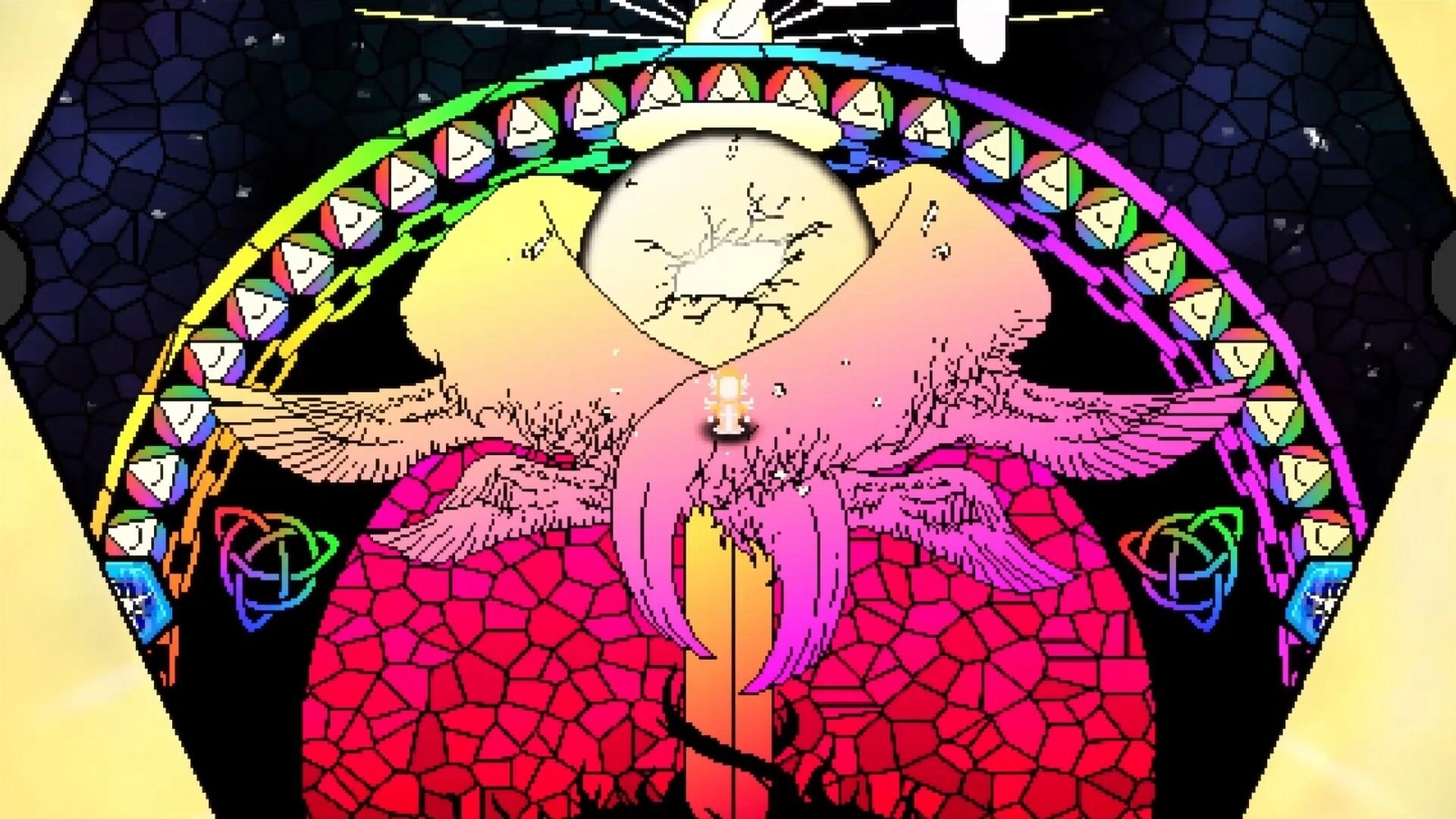 Death of Eternity: Glowing figure stands before a vibrant, abstract stained glass archway in celestial realm.