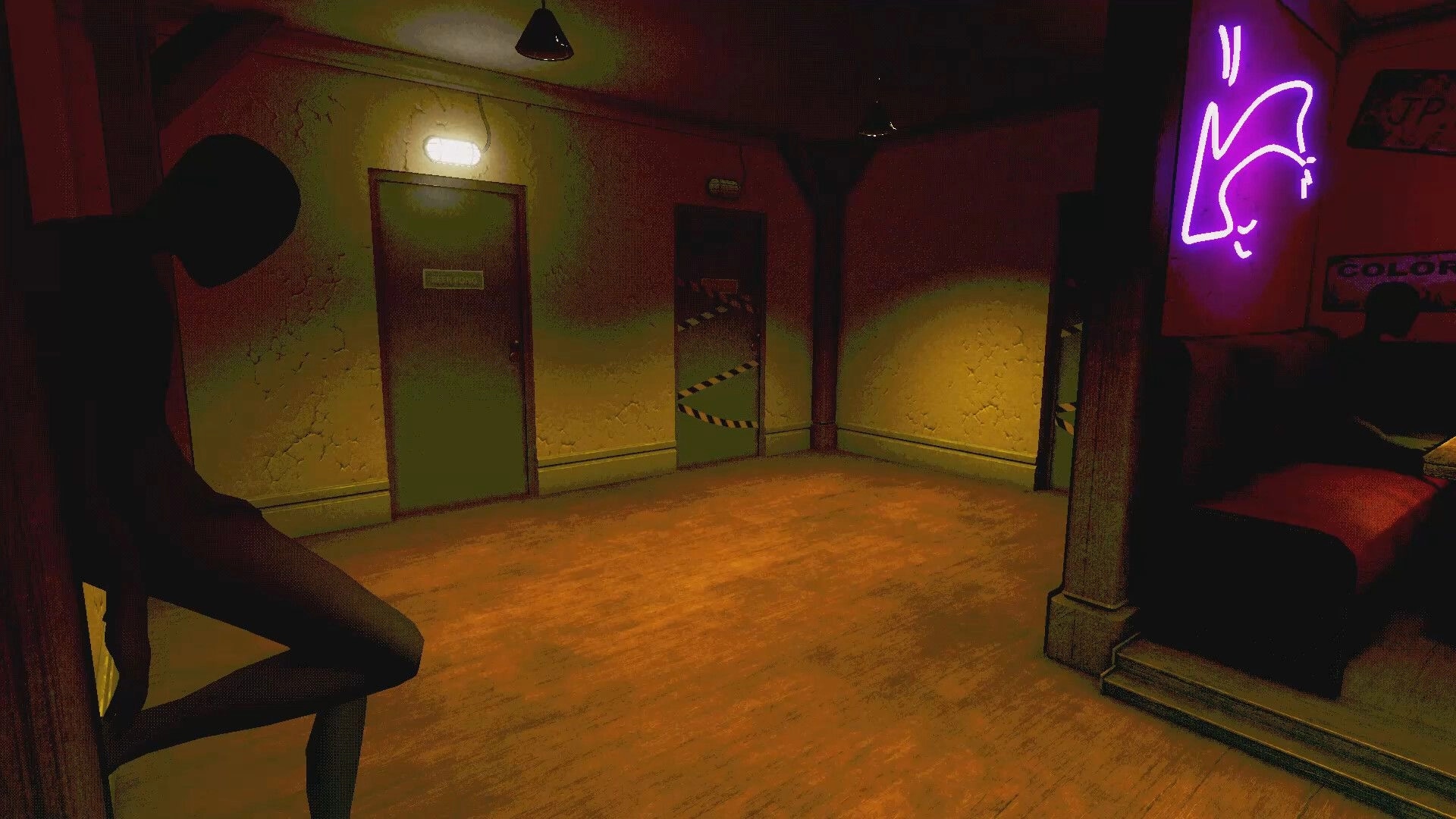Death Pong: Dim hallway with taped-off doorways and neon sign, shadowy figure at left corner.