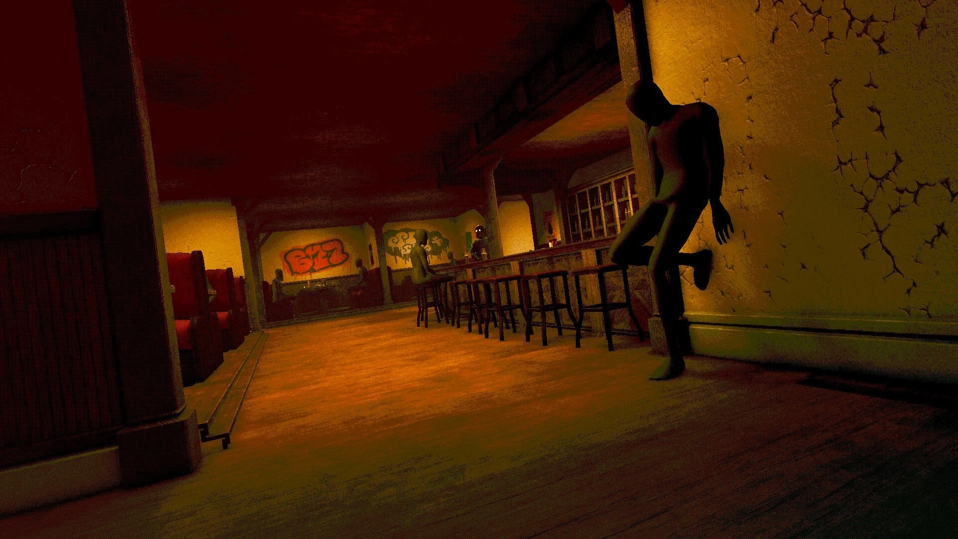 Death Pong: Shadowy figure leans on wall near bar stools and booths in a dim graffiti-lit lounge.