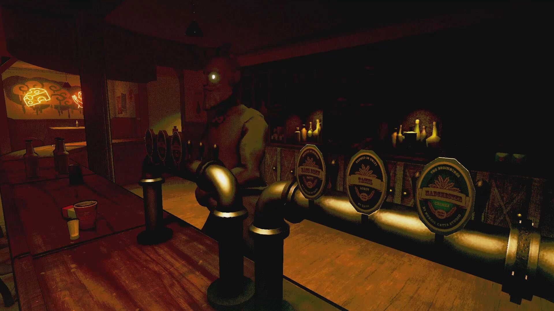 Death Pong: Bartender stands behind beer taps and bottles in a dim, candlelit bar interior.