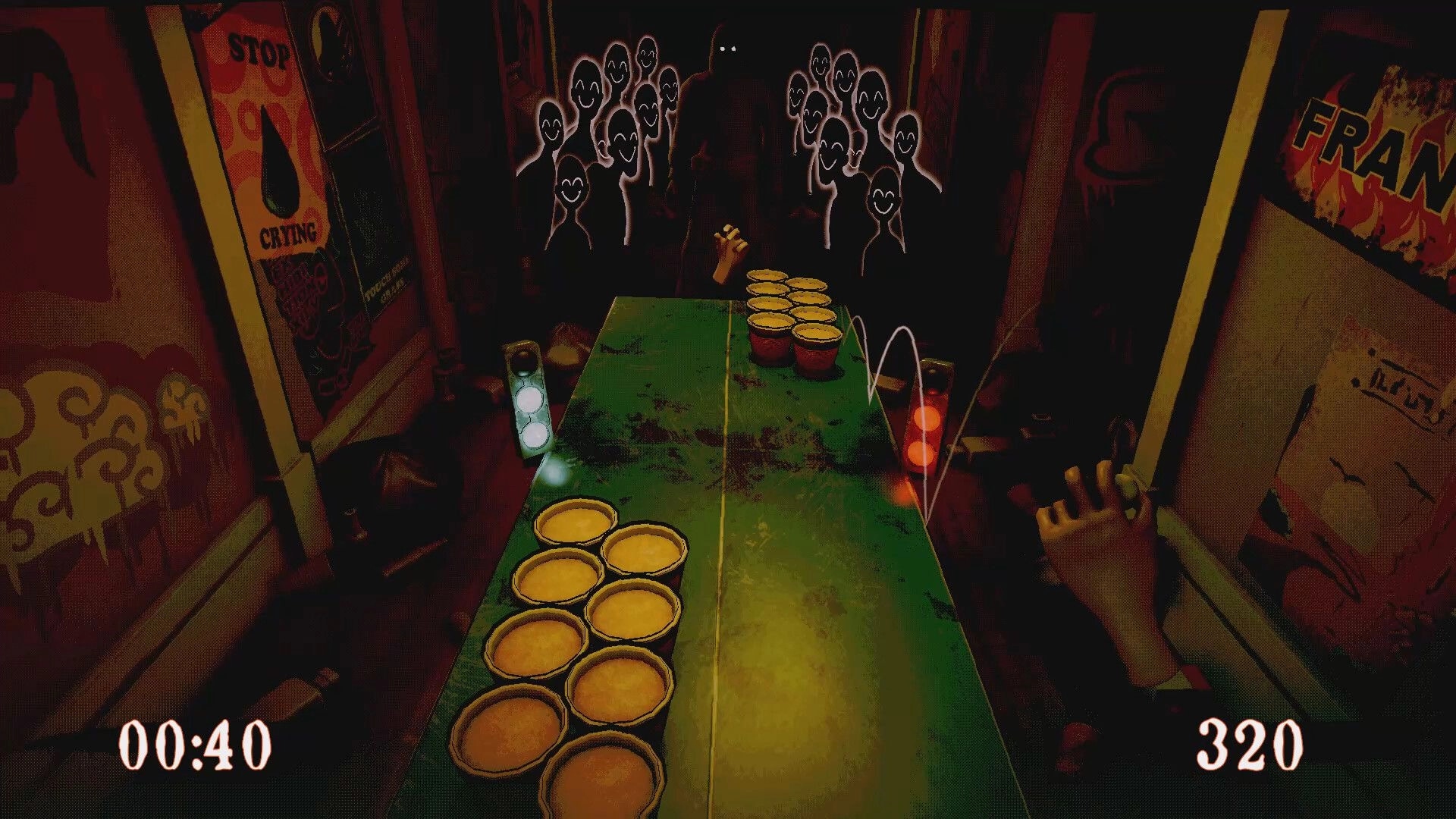 Death Pong: First-person beer pong throw at cup formation with timer and score in cramped alley arena.