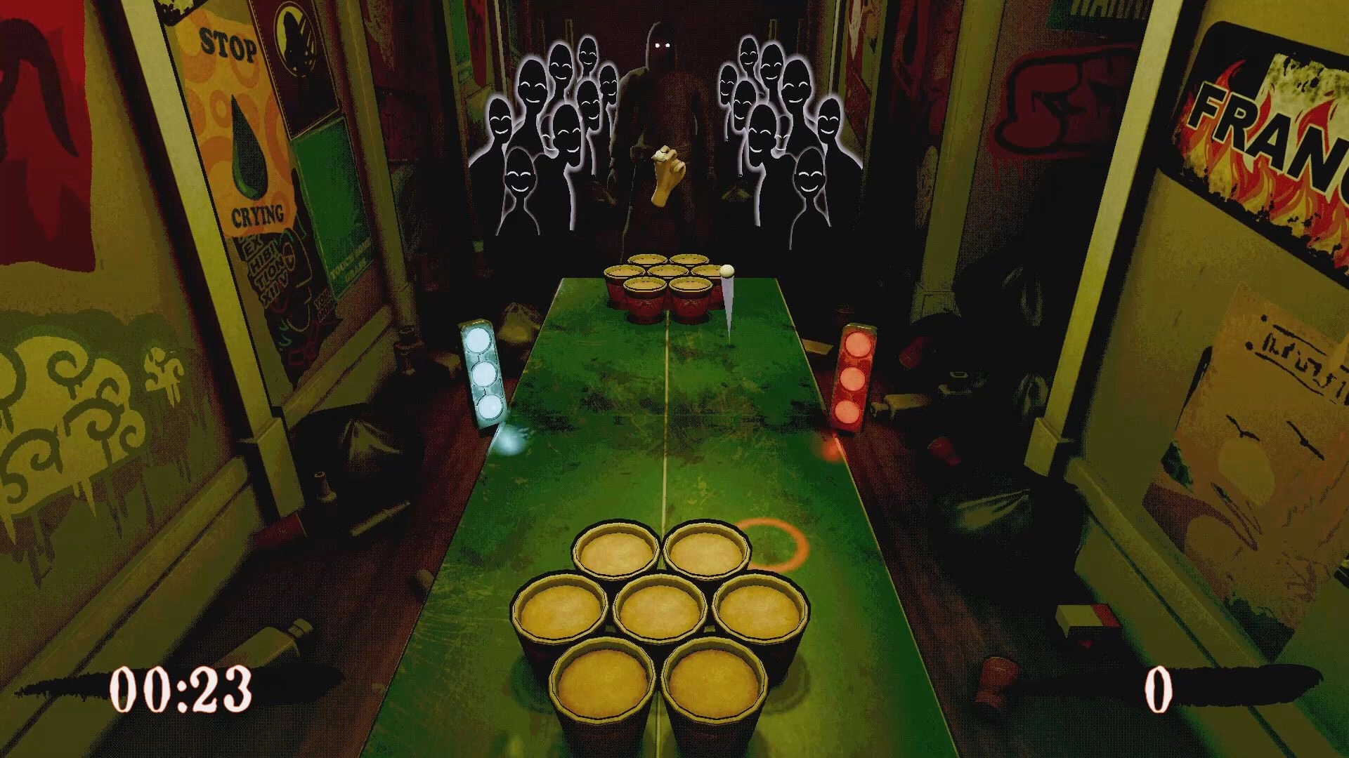 Death Pong: Beer pong throw lined up on green table with timer UI in a graffiti-filled alley room.