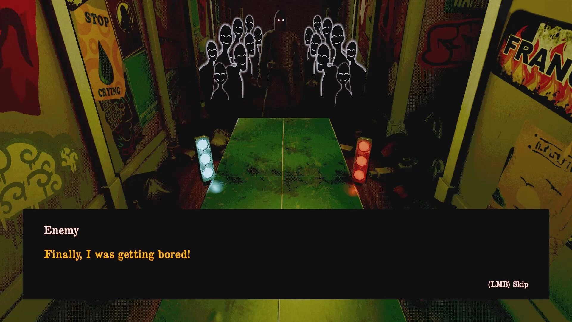 Death Pong: Enemy dialogue box over a ping pong table match in a cramped, poster-covered room.