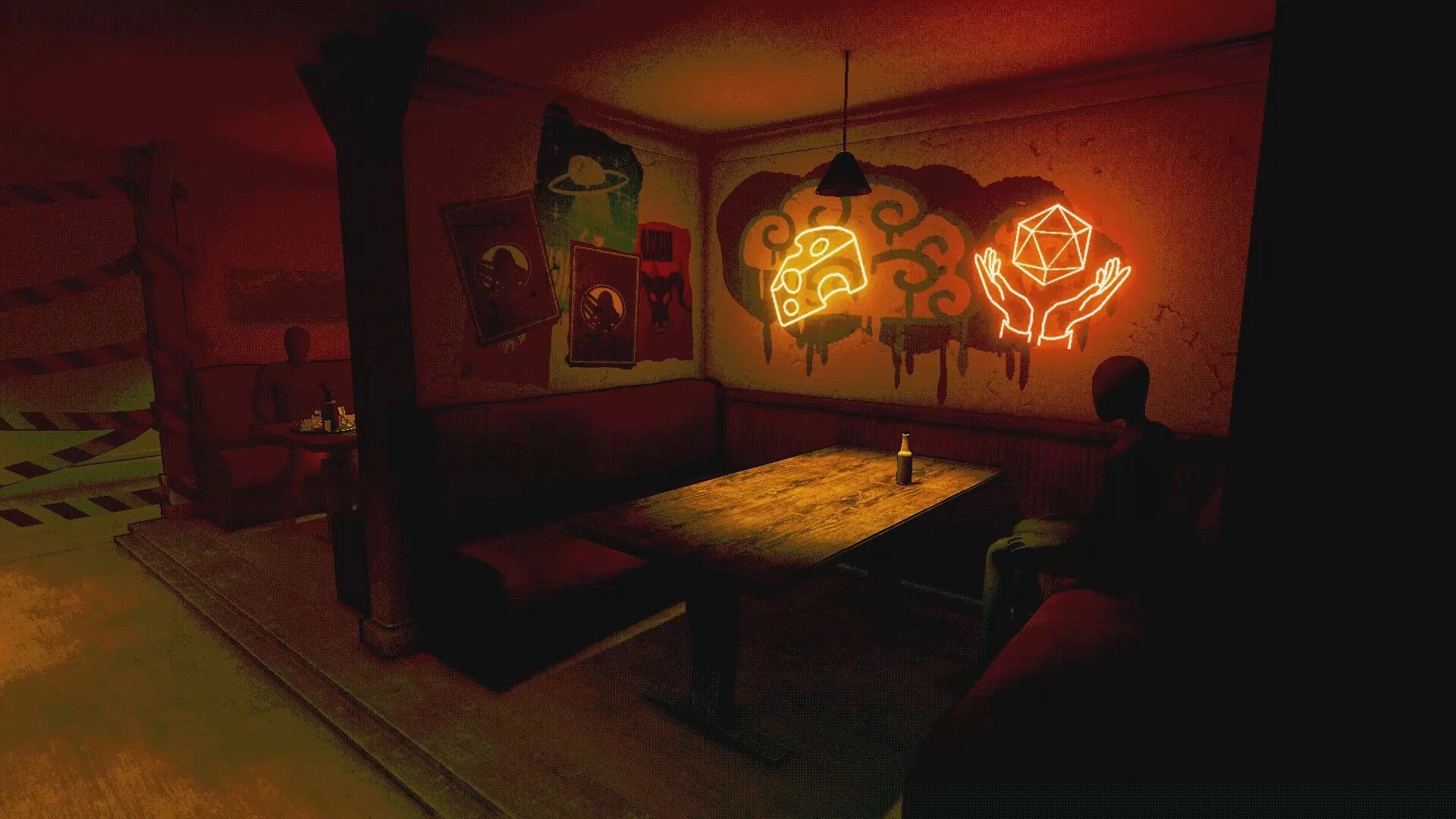 Death Pong: Two shadowy patrons sit in booth by table with bottle under neon wall art in dim bar.