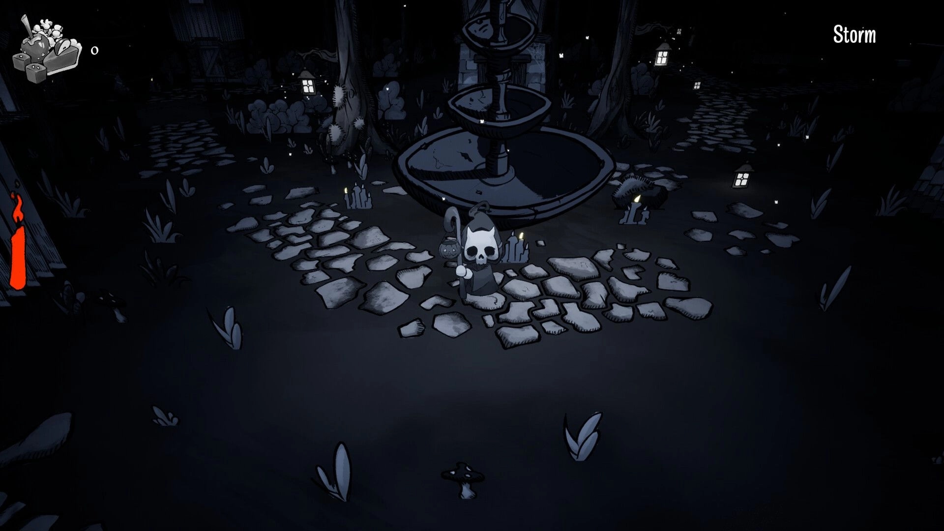 Deathly Delights: Skull-masked character by a fountain in dark forest plaza, Storm UI active.