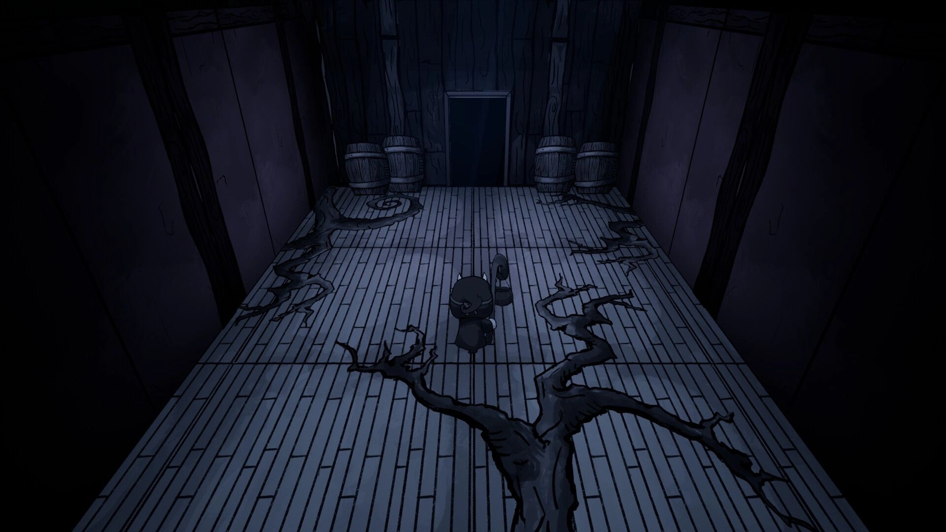 Deathly Delights: Player character walks toward a dark doorway in a wooden room with barrels and roots.