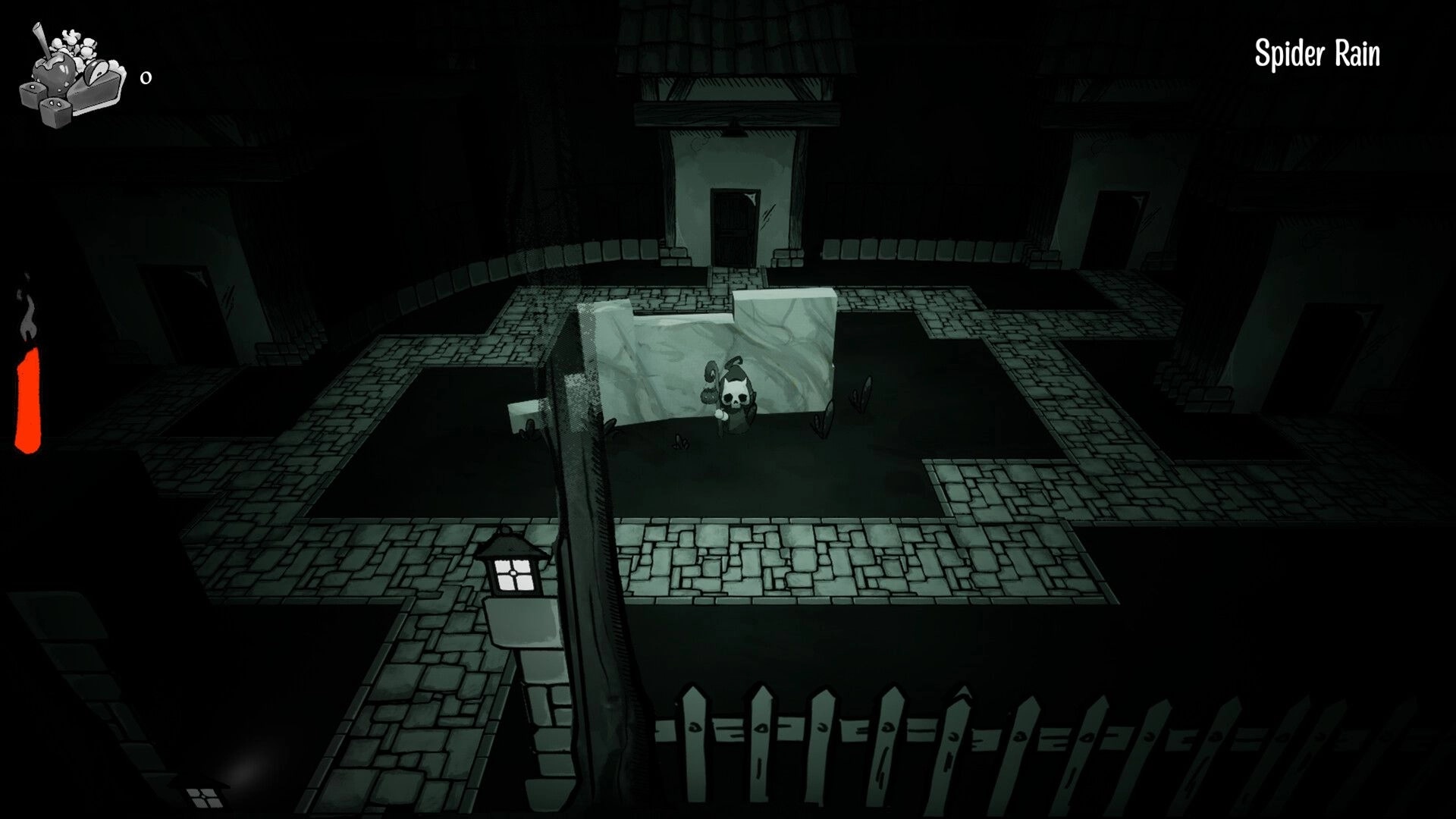 Deathly Delights: Skull-masked character by stone blocks in dark courtyard maze, Spider Rain UI text.