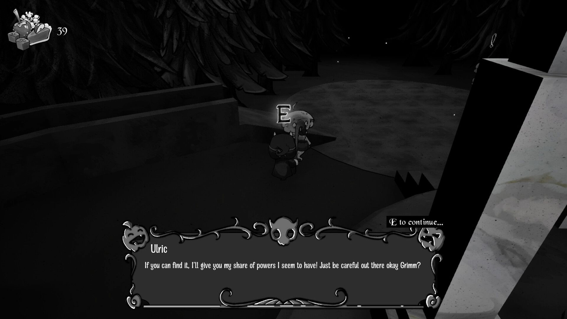 Deathly Delights: Dialogue with Ulric and E prompt beside two characters on a dark forest path.