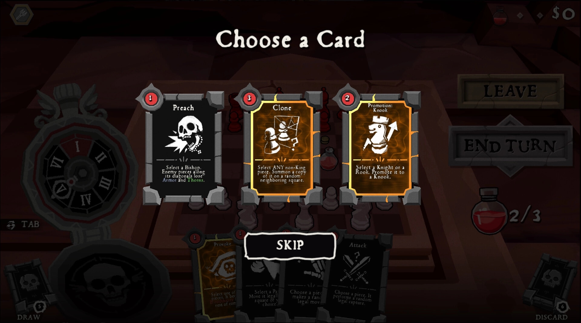 DEATHMATE: Choose a Card screen with Preach, Clone, and Promotion: Knook over chessboard UI.