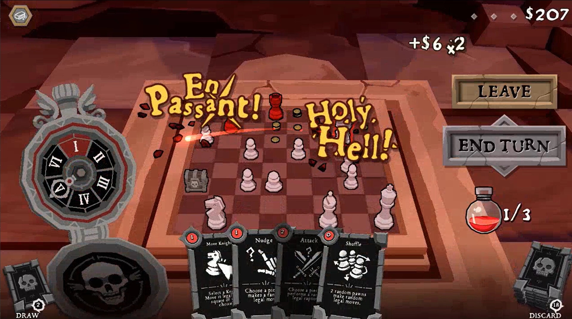 DEATHMATE: Chessboard battle with pawn promotion text, move cards and End Turn button in UI.