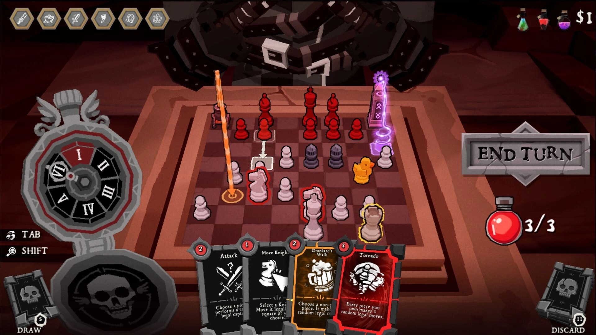 DEATHMATE: Turn-based chessboard battle with move cards and End Turn button in underworld arena UI.