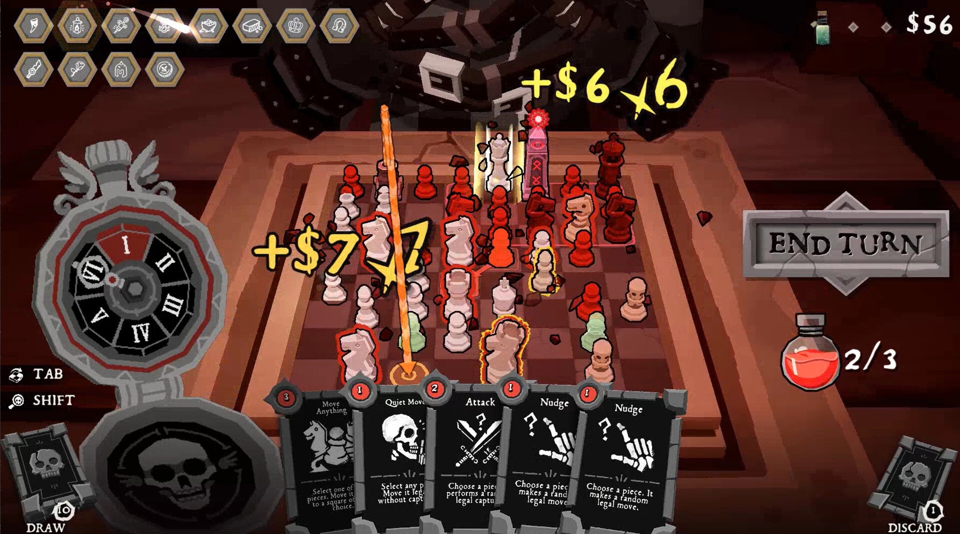 DEATHMATE: Mid-combat chessboard with red and white pieces, card hand UI, and End Turn button.