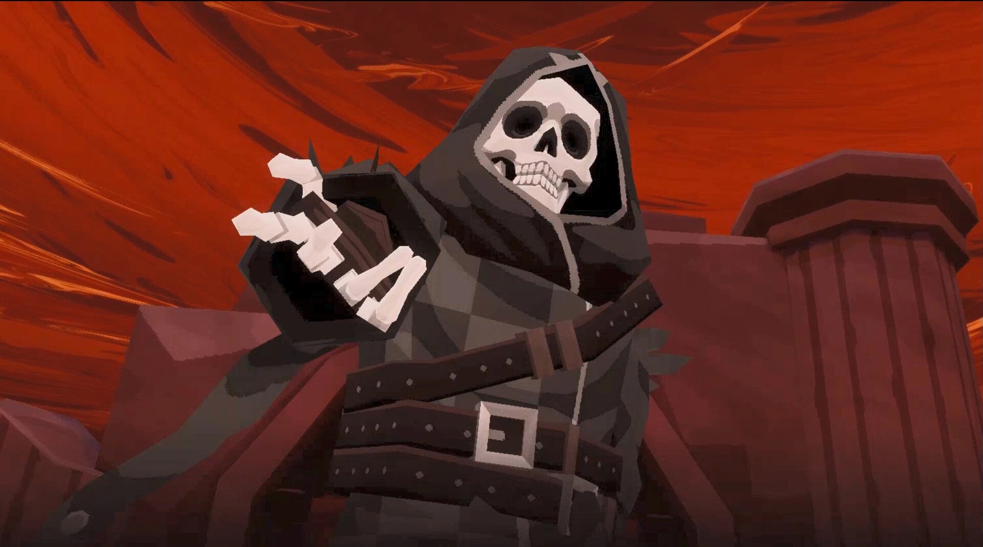DEATHMATE: Hooded skeleton reaper reaches forward in a red Underworld arena with stone pillars behind.