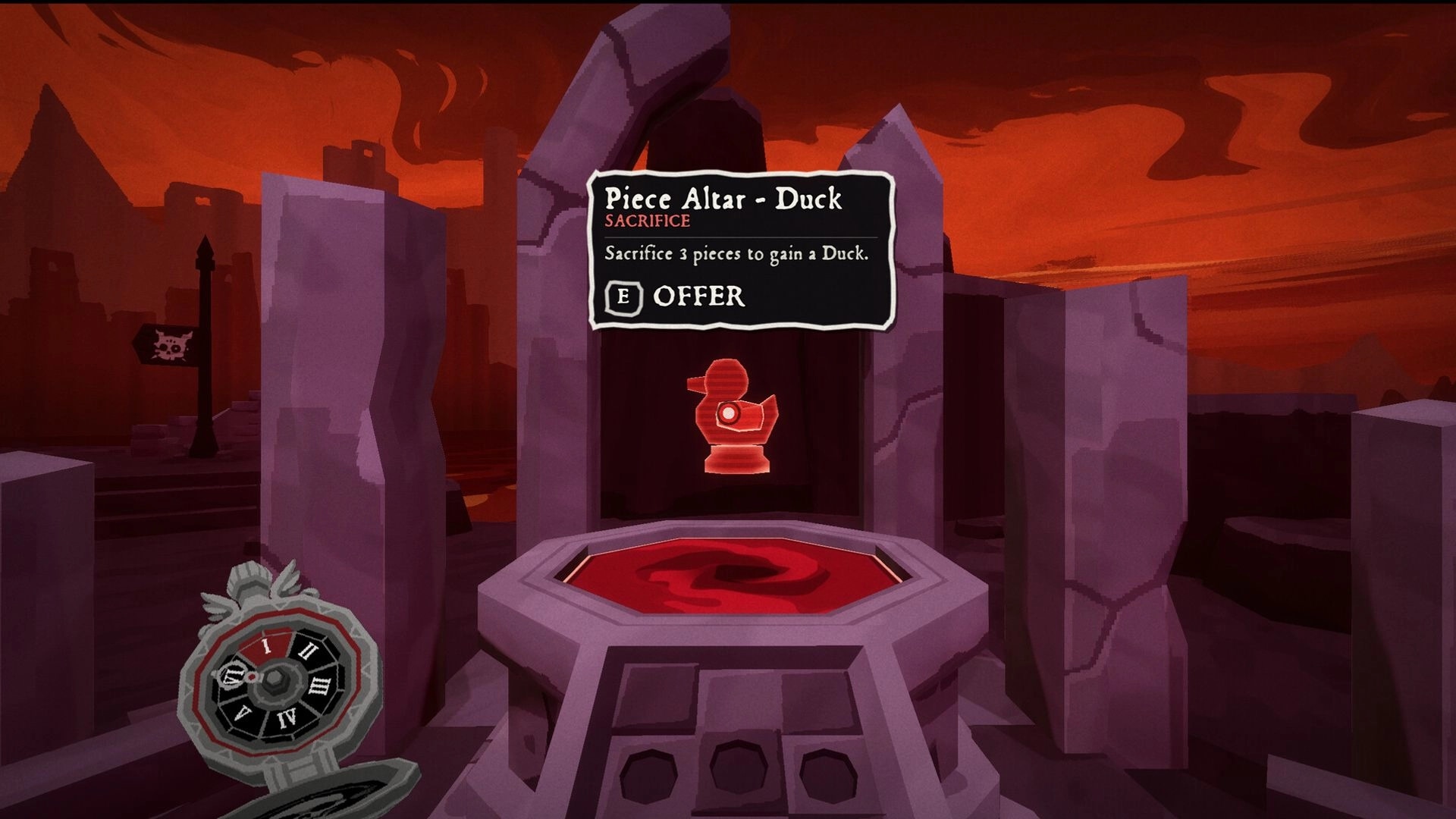 DEATHMATE: Piece Altar menu offering Duck sacrifice, red pawn icon in rocky underworld shrine.