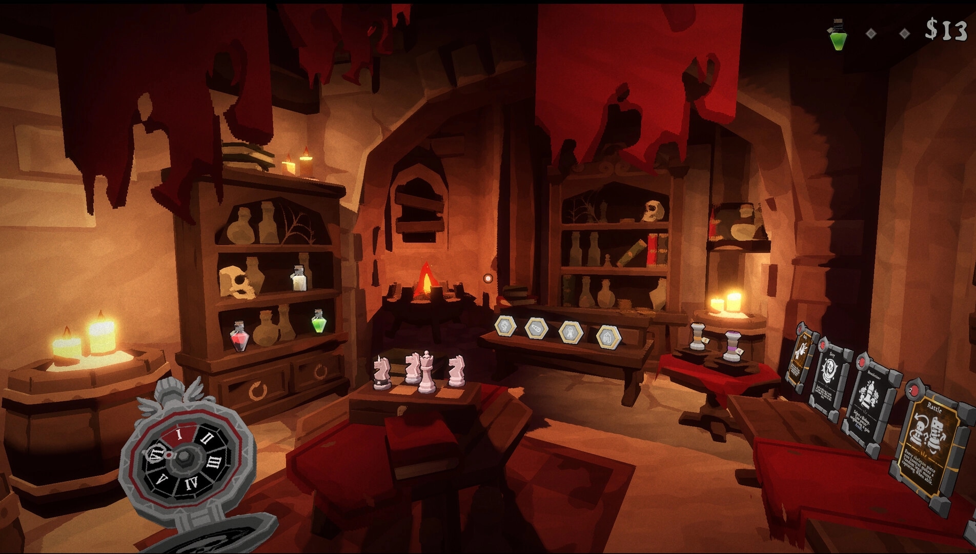 DEATHMATE: Shop room with potions and relics, chess pieces on table, cards and $13 UI visible.