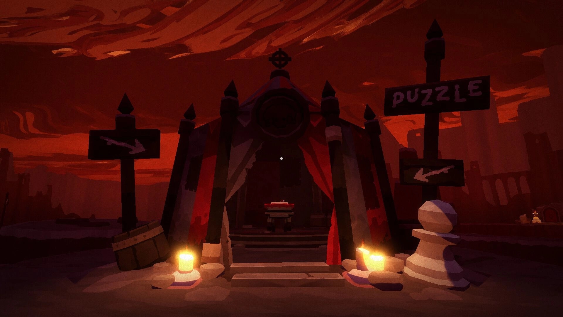 DEATHMATE: Approaching a dark tented gateway with candles and a PUZZLE sign under a red sky.