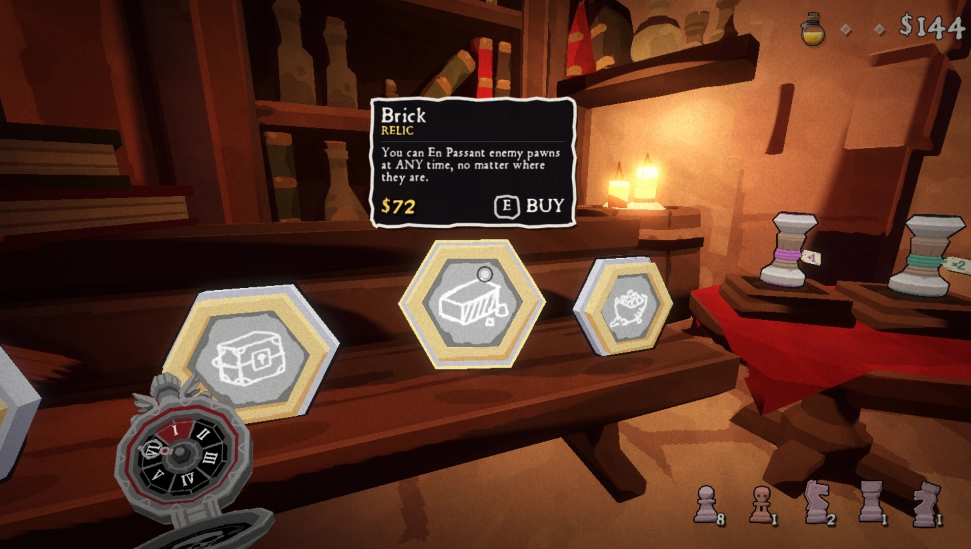 DEATHMATE: Shop relic purchase prompt for Brick, $72, on candlelit wooden shelves in tavern store.