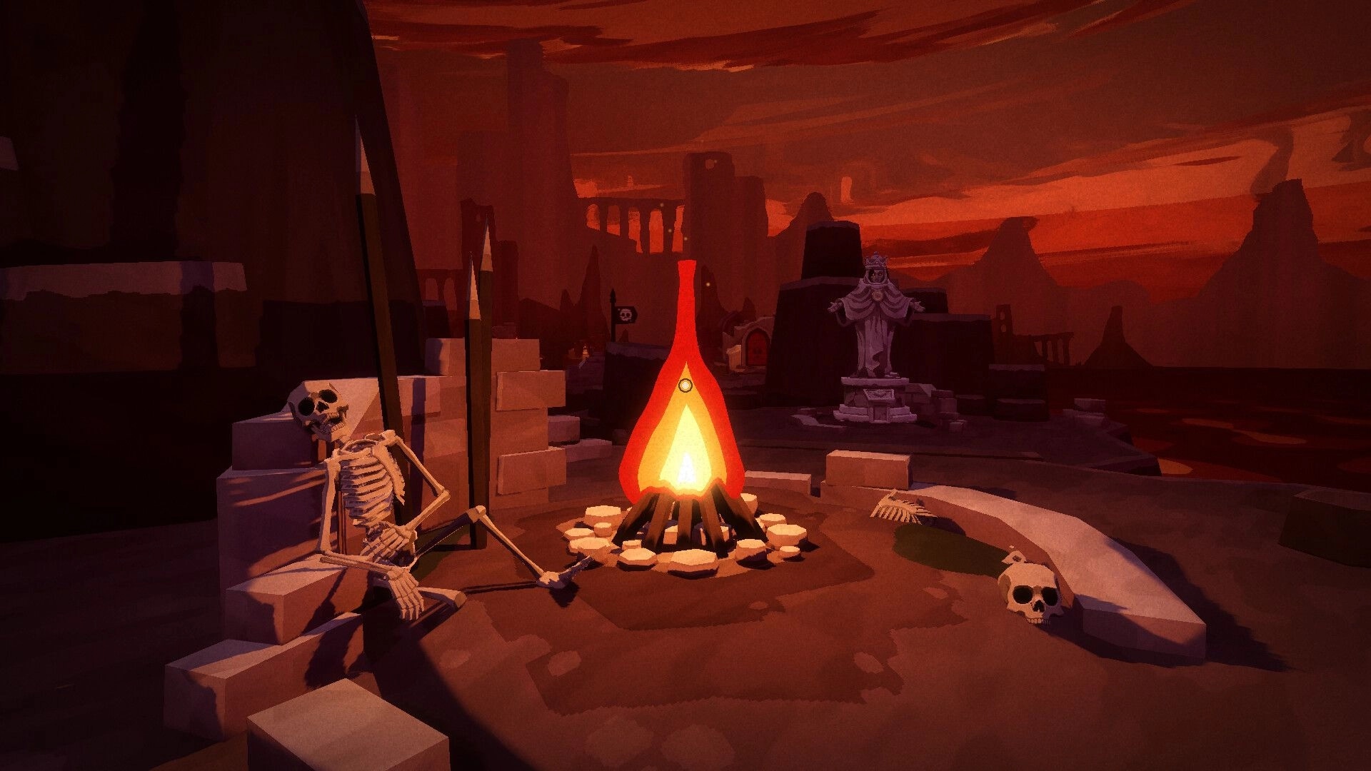 DEATHMATE: Skeleton lounging by a bright campfire in a ruined underworld courtyard with statue and skulls.