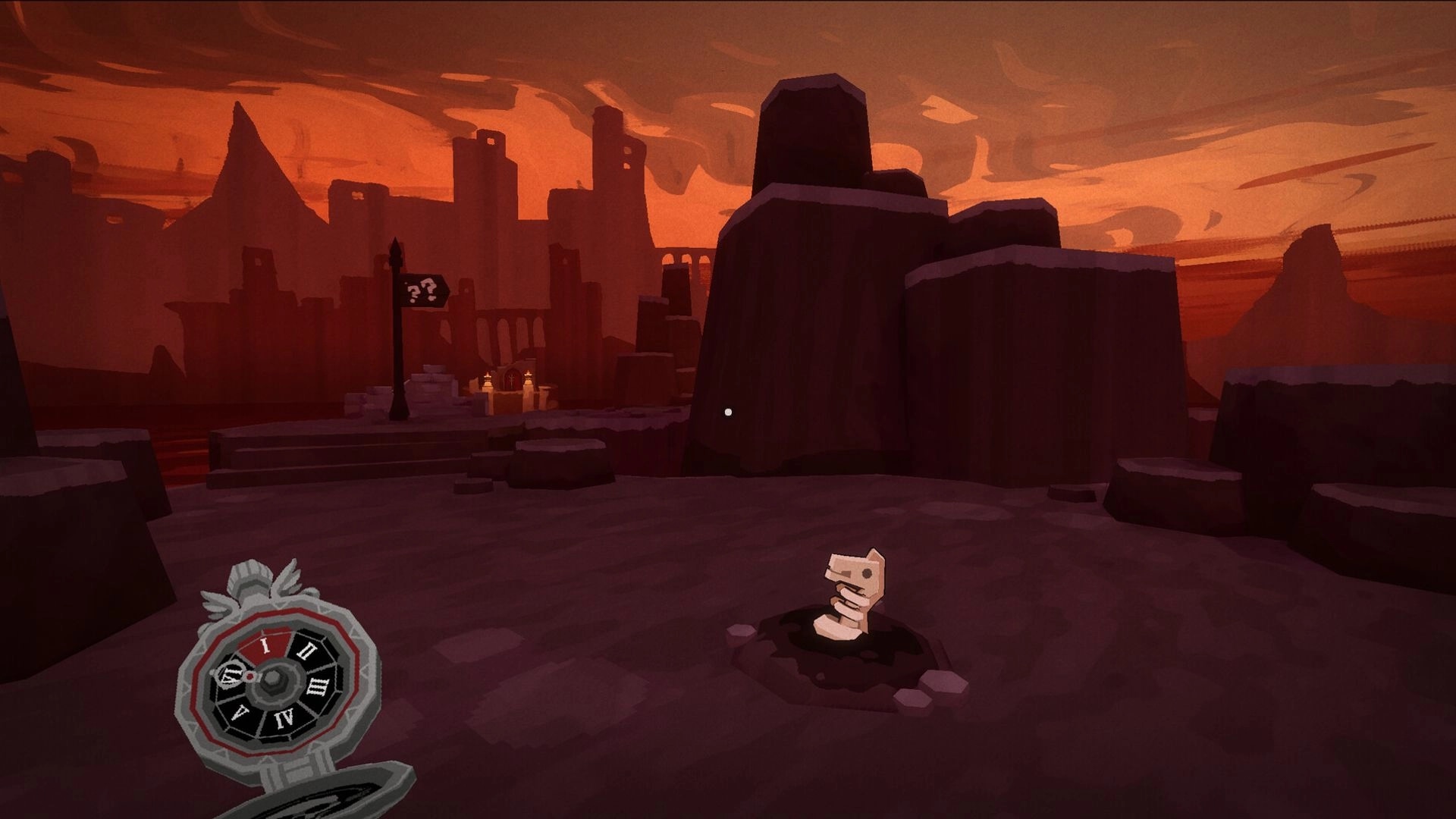 DEATHMATE: Lone chess knight piece on rocky plateau with distant ruins and compass-like UI dial.