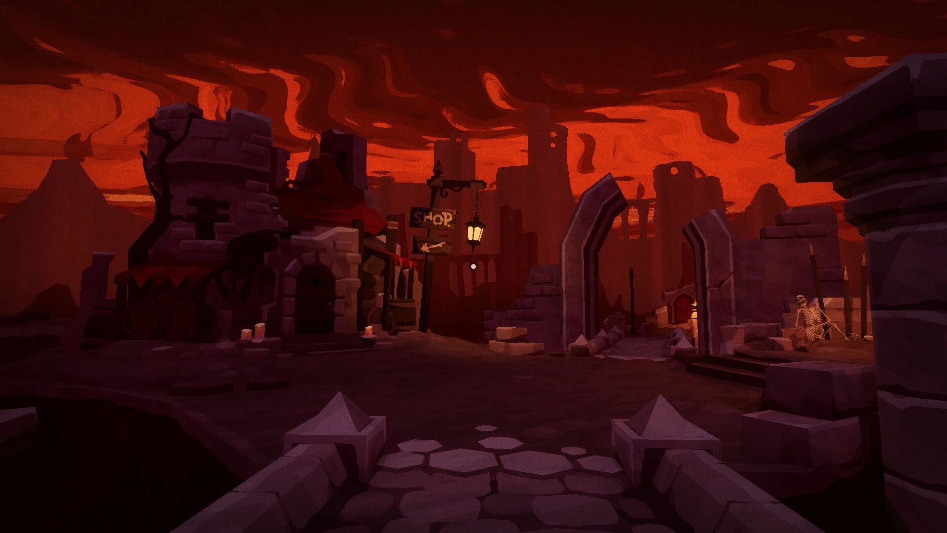 DEATHMATE: Underworld hub street with a SHOP sign and lantern beside broken stone arches at dusk.