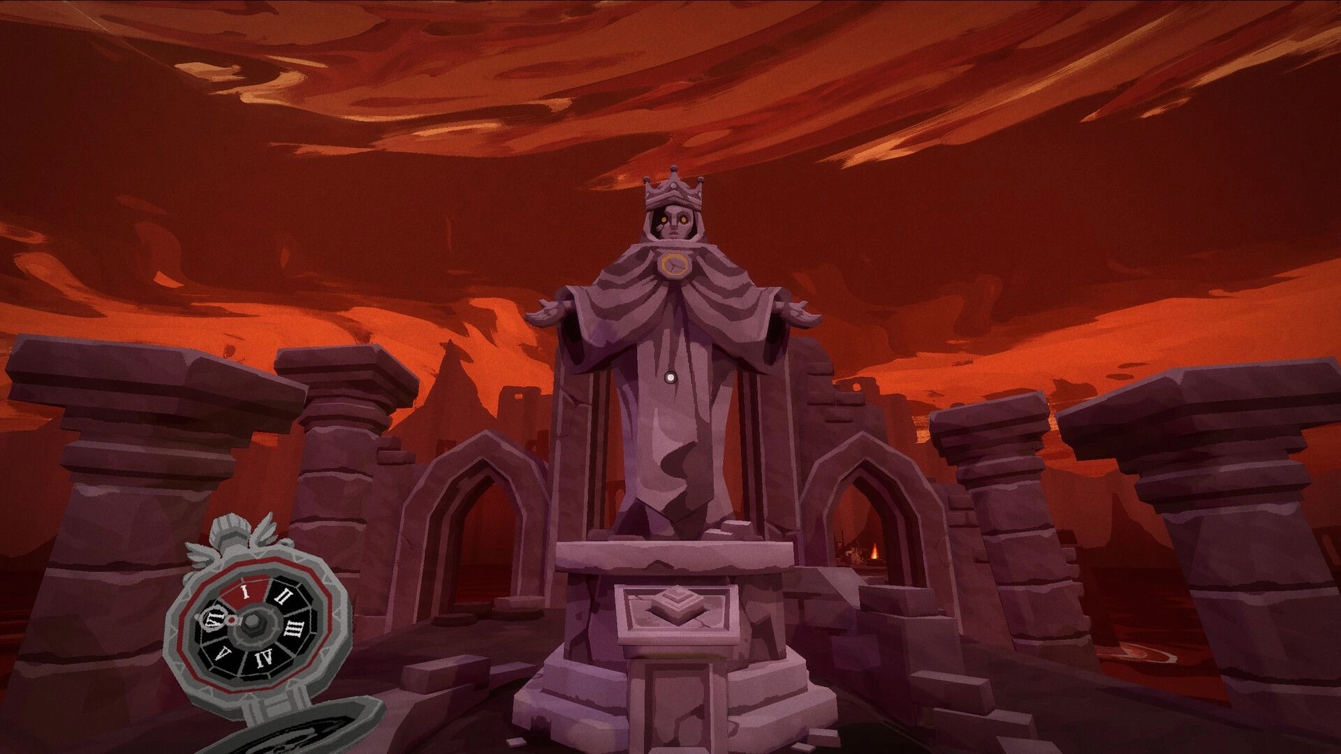 DEATHMATE: Stone king statue shrine amid broken pillars under a red sky, with clock UI at left.