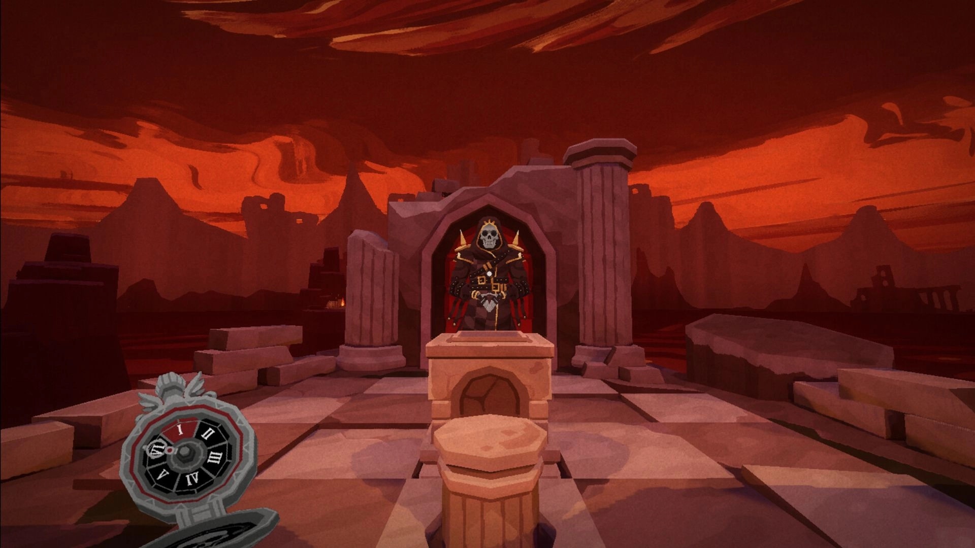 DEATHMATE: Skull-masked boss behind a stone altar on a ruined chessboard under a red sky UI dial left.