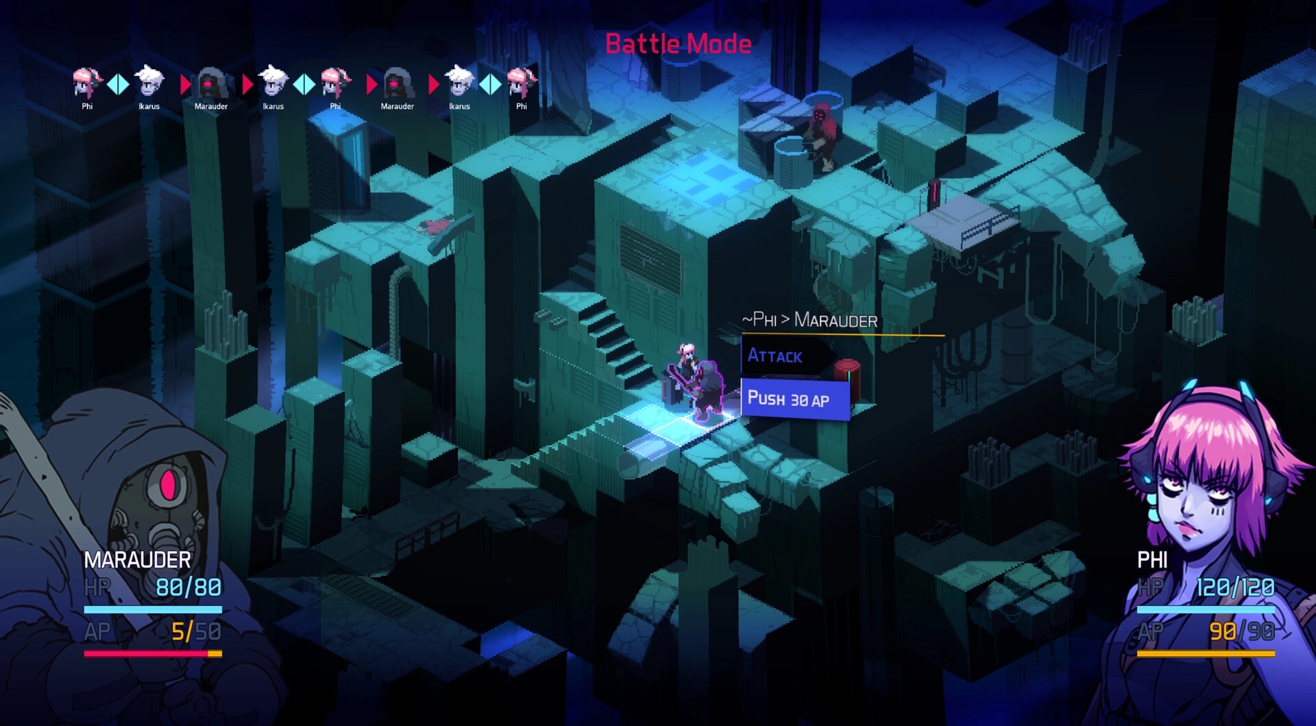 DeathTower: Phi prepares to attack Marauder in dark, futuristic tower environment with strategic options.