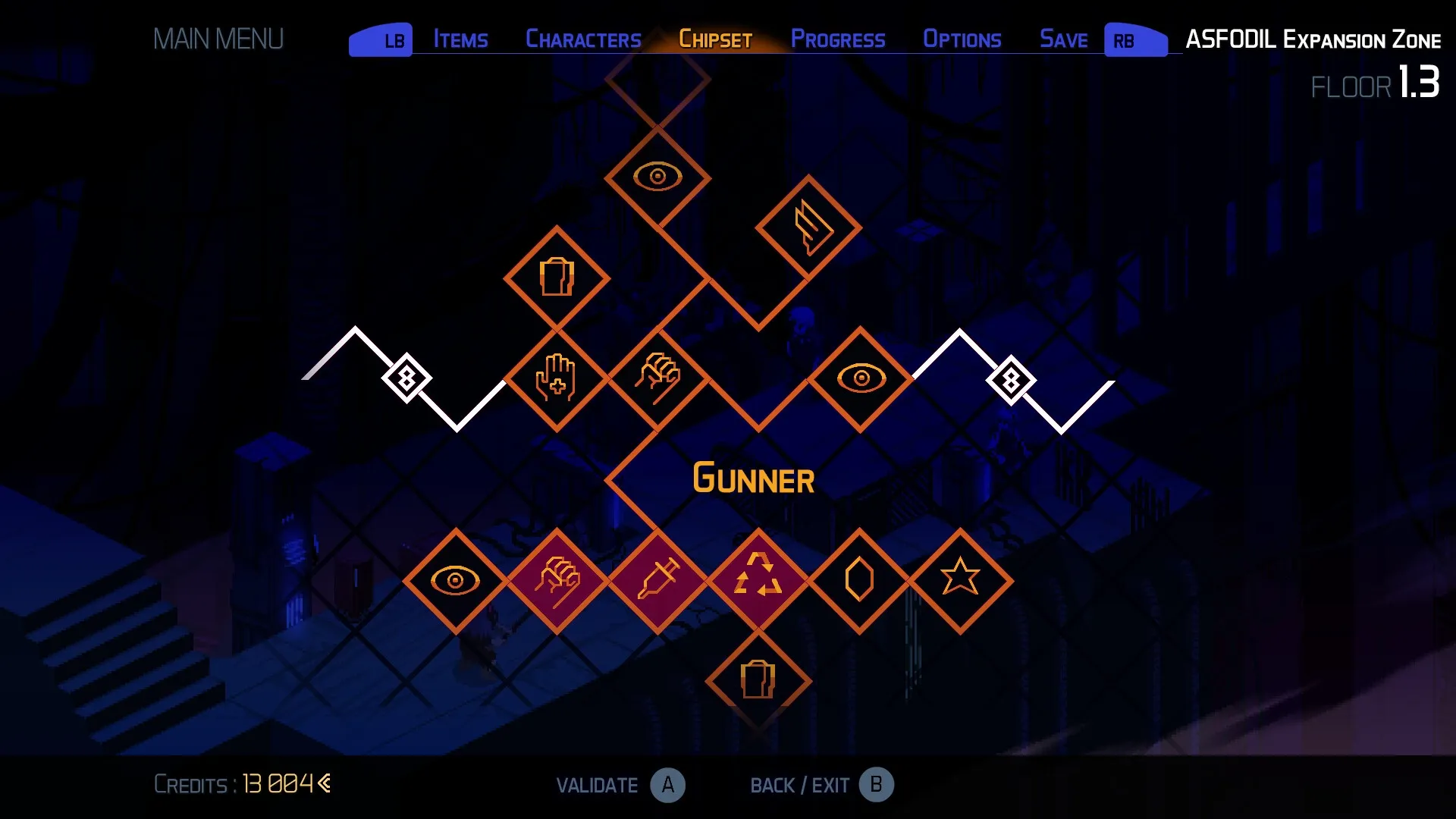 DeathTower: Gunner skill tree displayed on chipset menu with various abilities highlighted in dark setting