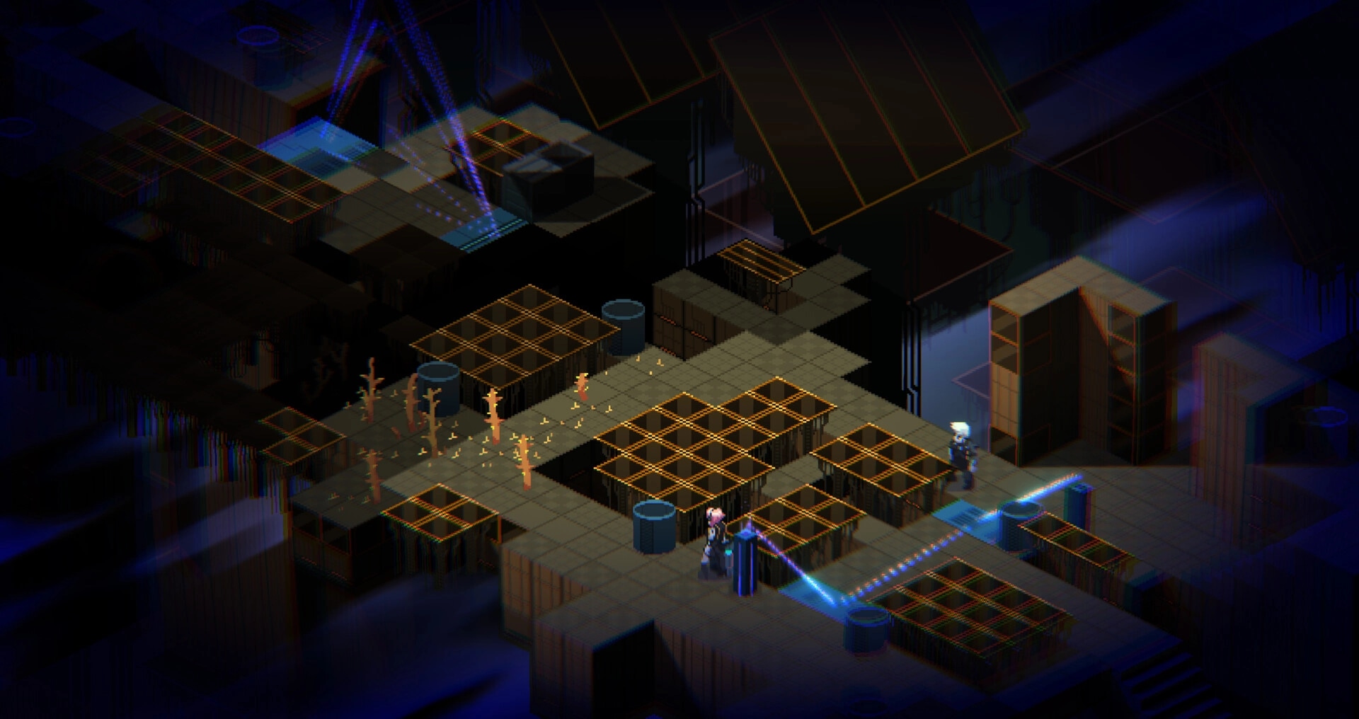 DeathTower: Ikarus hacking terminal in dimly lit industrial area with grid-like platforms and barrels