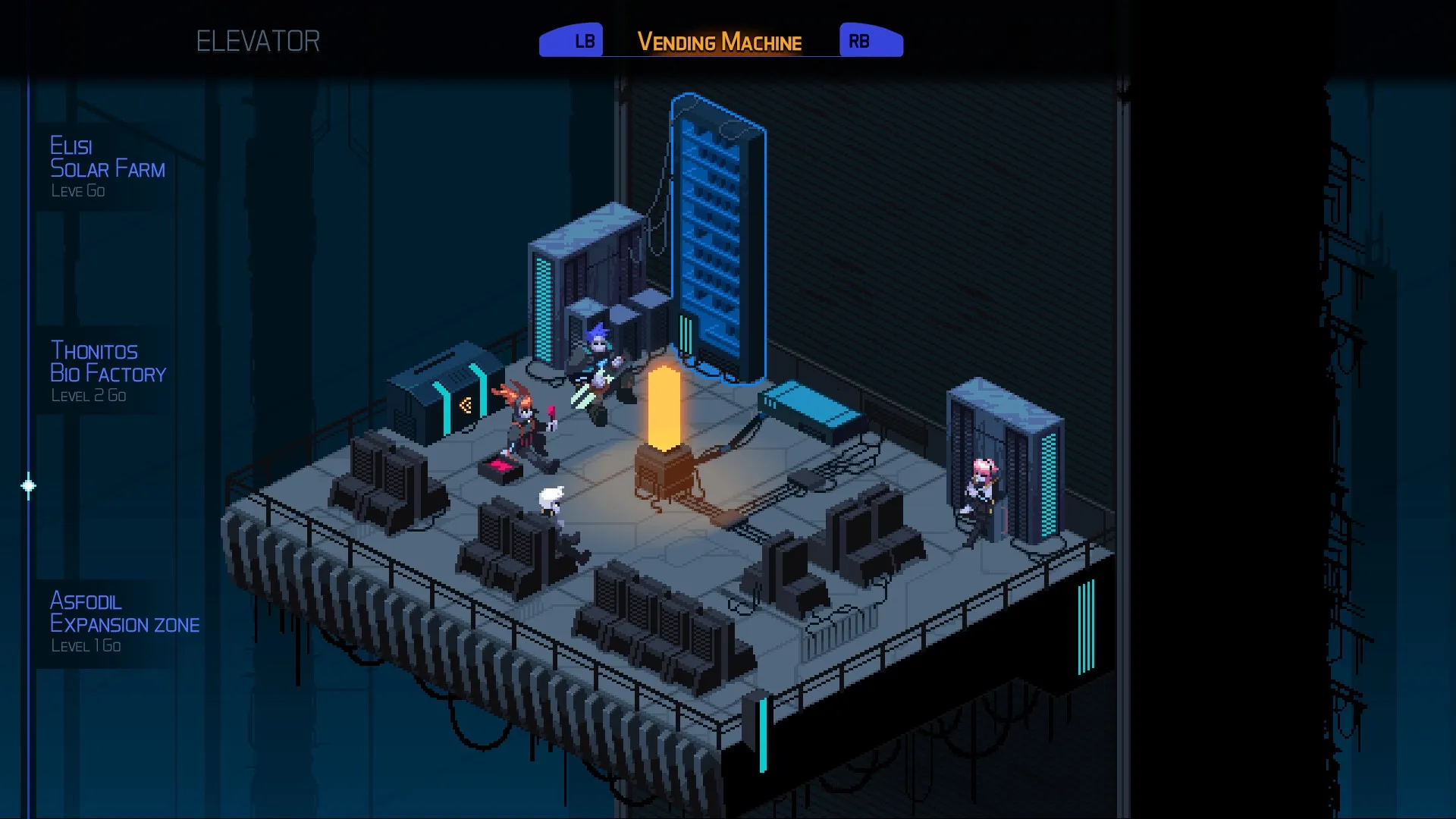 DeathTower: Characters explore a futuristic room with a glowing terminal and vending machine nearby