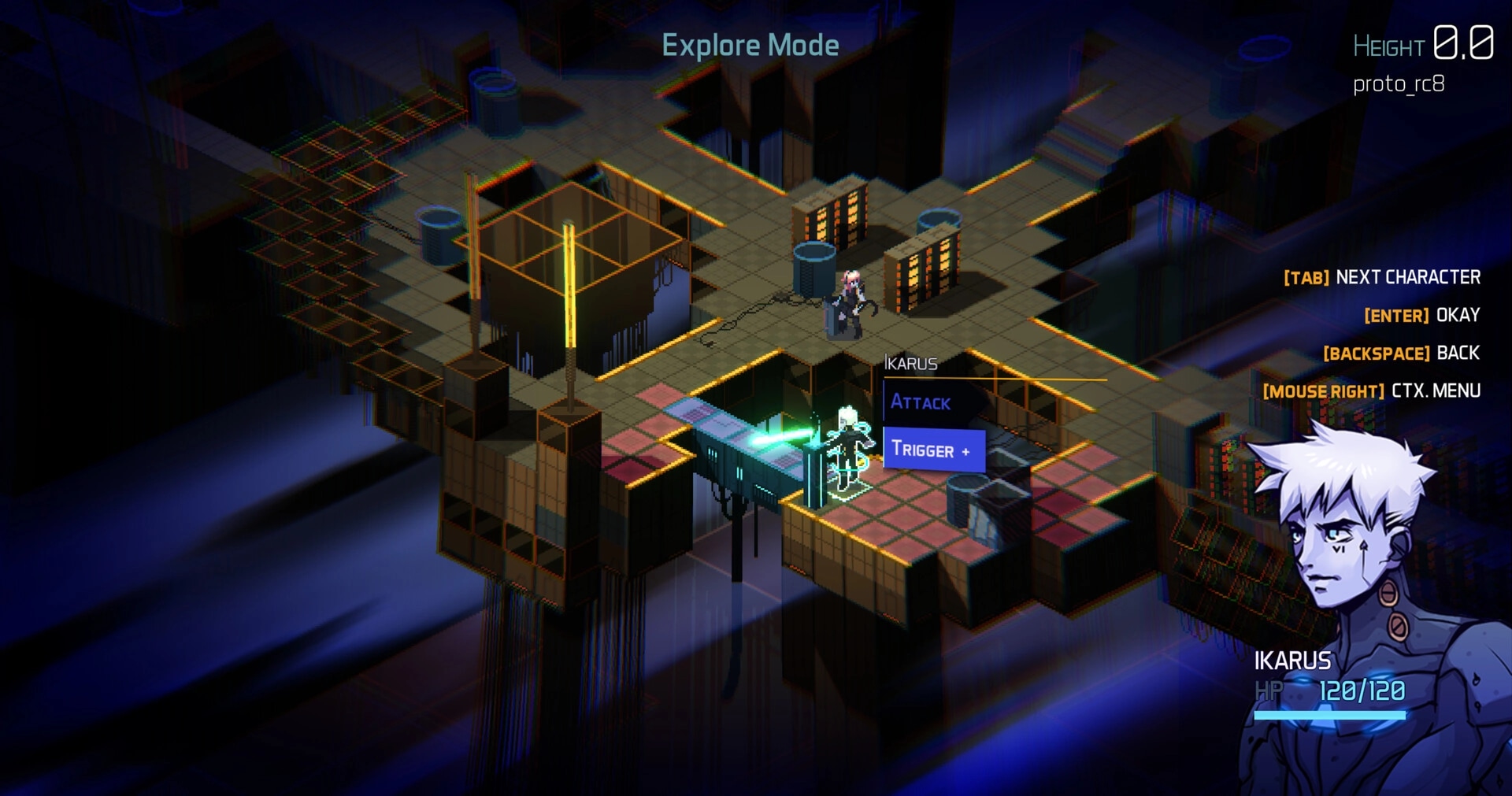 DeathTower: Ikarus in Explore Mode navigating grid-based platform with action menu and character stats