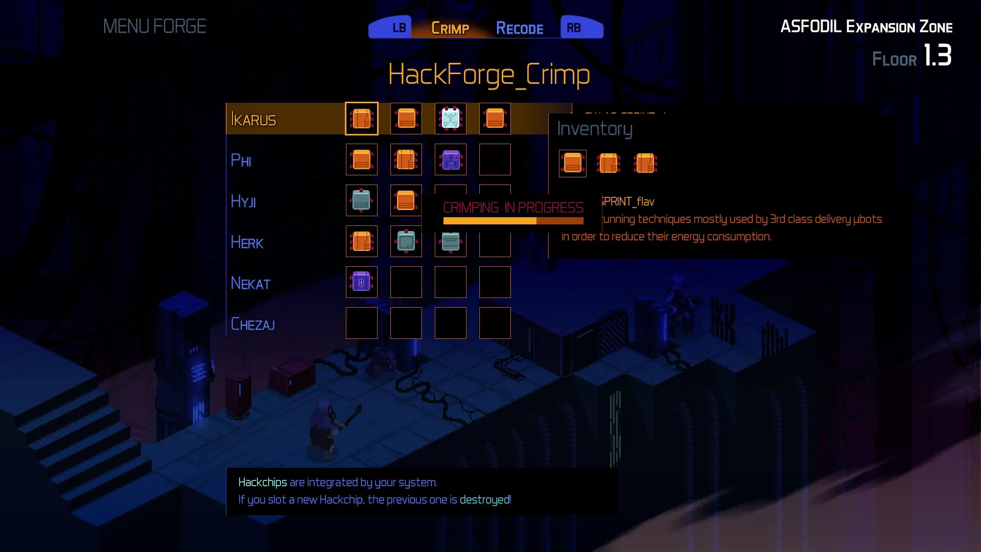 DeathTower: Ikarus in HackForge_Crimp interface with inventory and crafting options in dark tech setting
