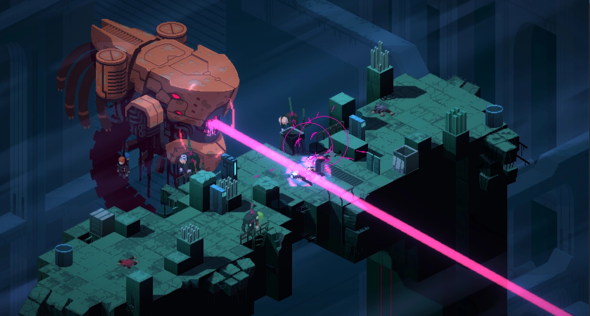 DeathTower: Ikarus battles giant robotic enemy on floating platform with pink laser in dark tower setting