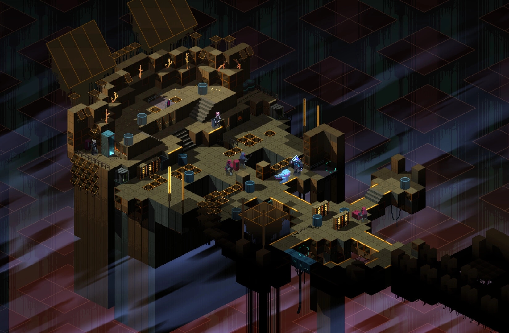DeathTower: Ikarus navigating a multilevel platform with enemies and obstacles in a dimly lit tower.