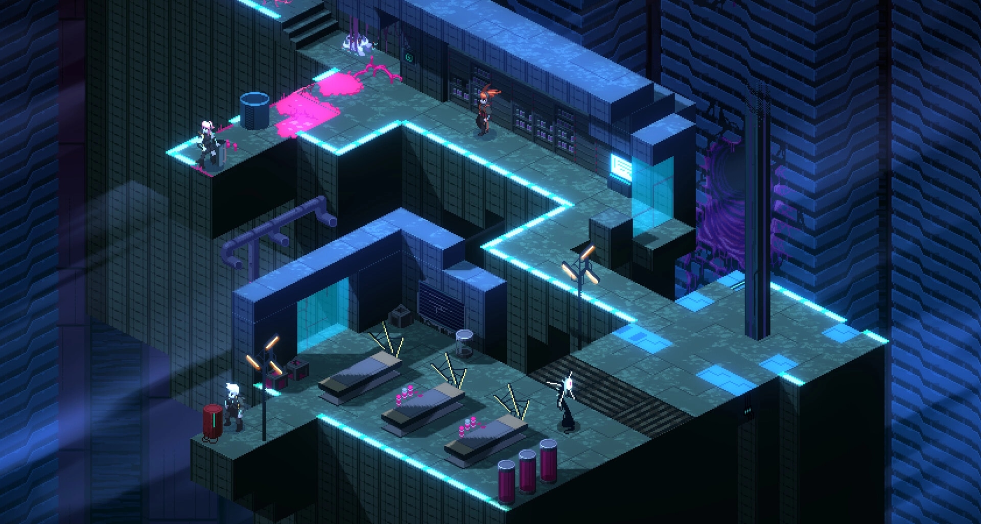 DeathTower: Ikarus navigates neon-lit corridors with strategic positioning in a futuristic tower environment