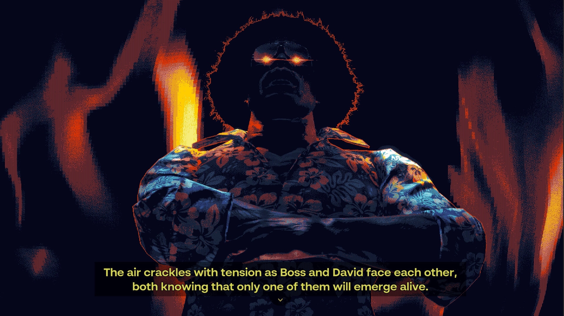 DEBT DEADLINE: Boss with glowing eyes stands menacingly in dark room, text overlaying intense confrontation.