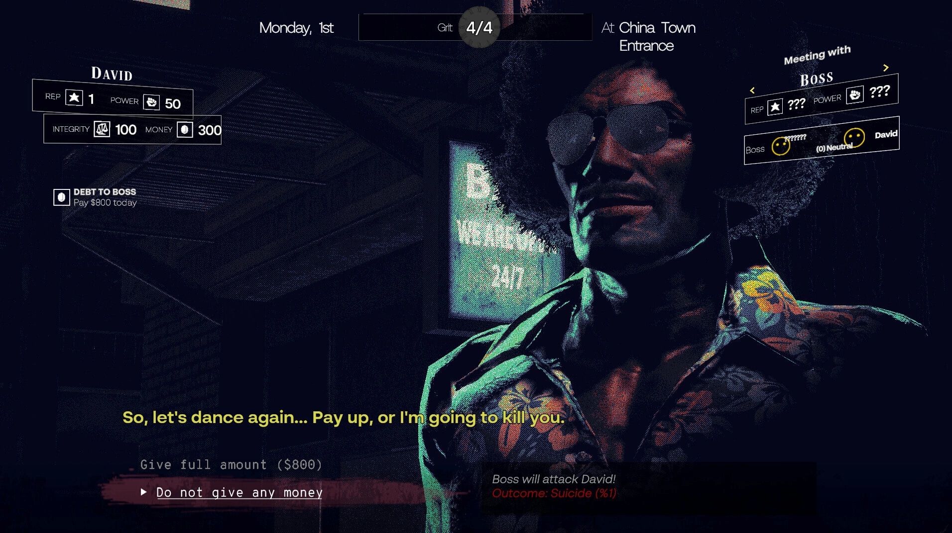 DEBT DEADLINE: David confronts boss at Chinatown entrance, deciding whether to pay debt or face danger.